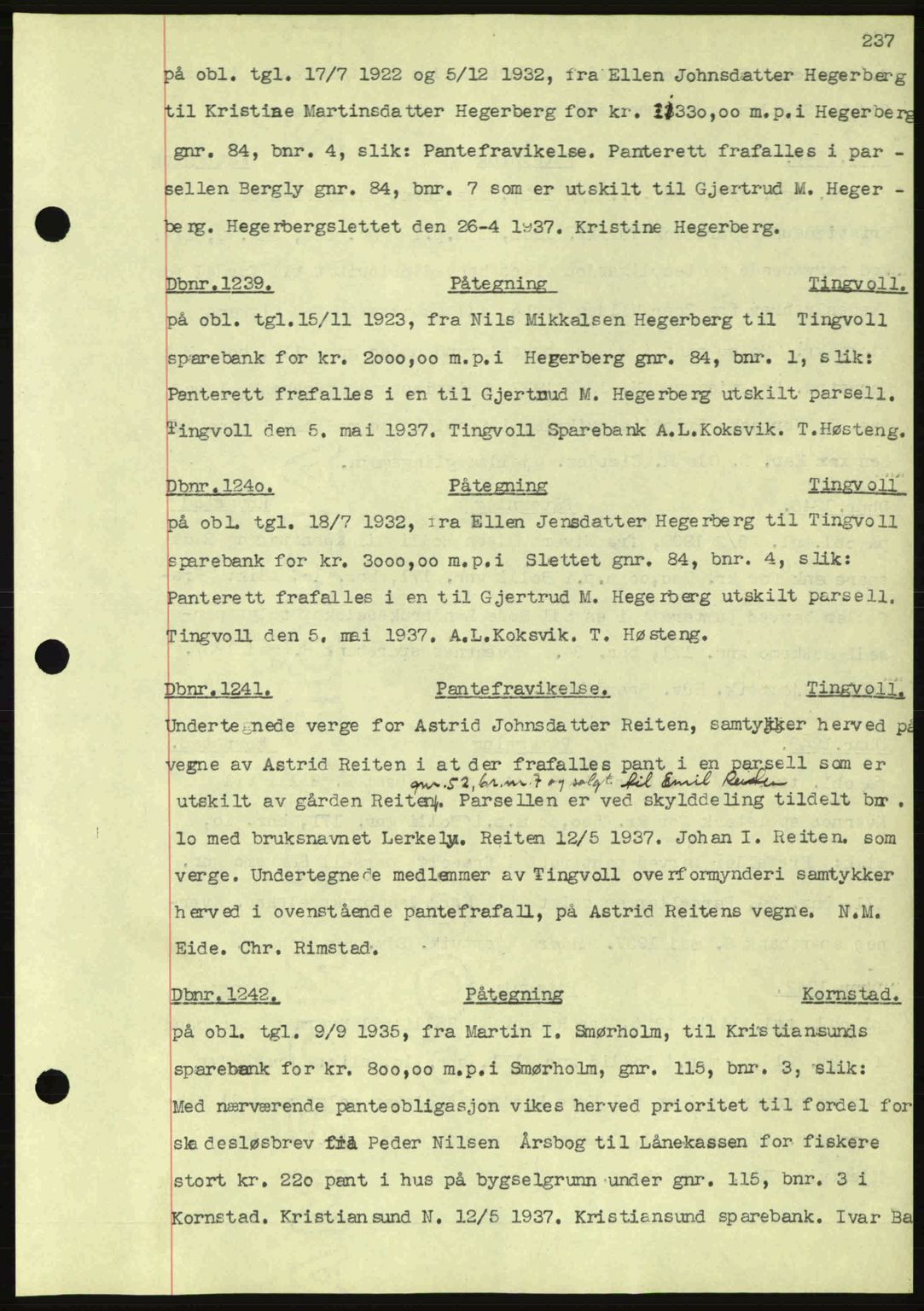 Nordmøre sorenskriveri, SAT/A-4132/1/2/2Ca: Pantebok nr. C80, 1936-1939, Dagboknr: 1239/1937