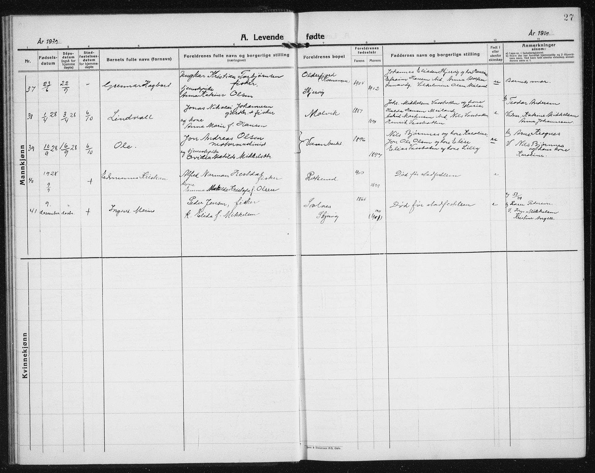 Skjervøy sokneprestkontor, AV/SATØ-S-1300/H/Ha/Hab/L0010klokker: Klokkerbok nr. 10, 1927-1941, s. 27