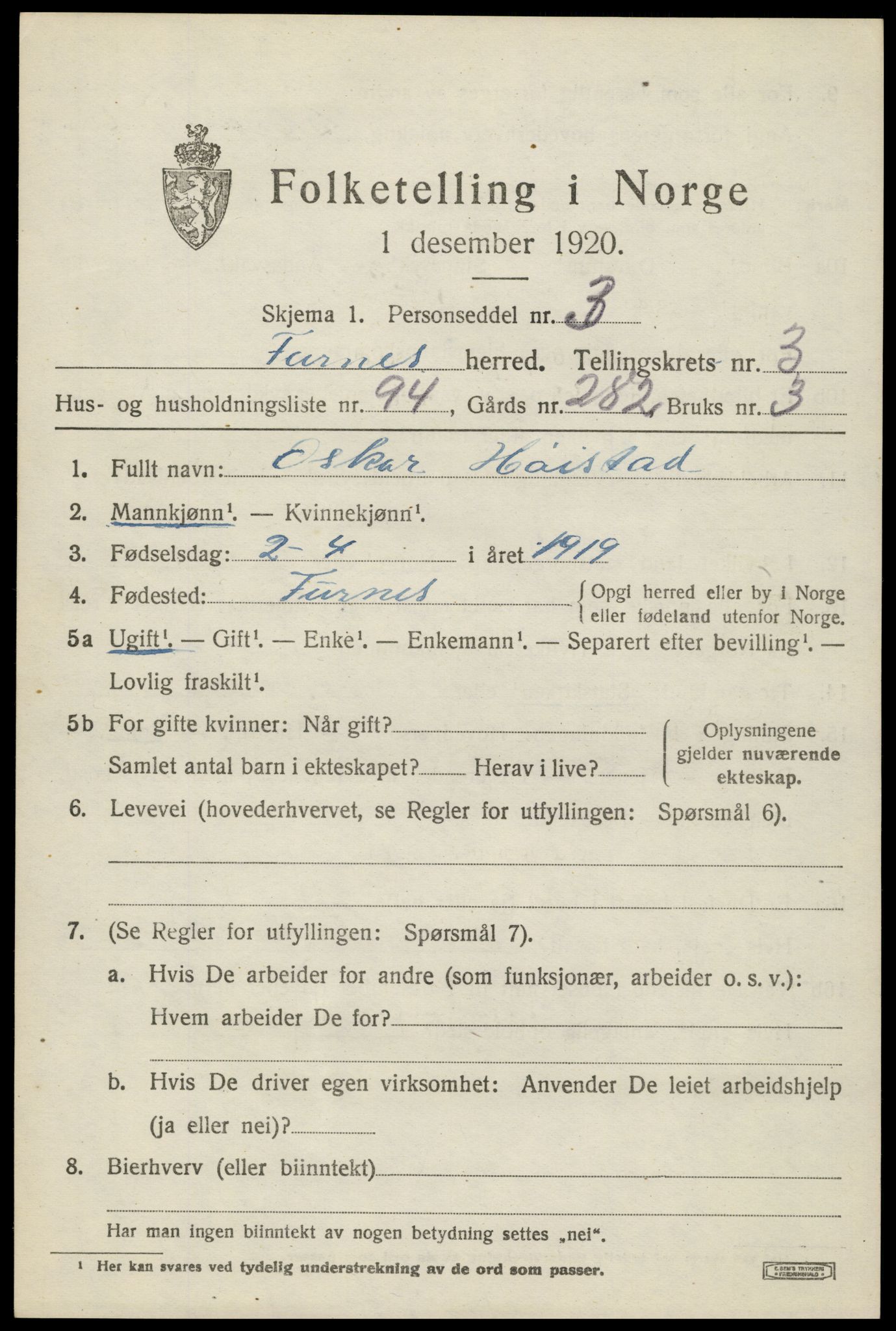 SAH, Folketelling 1920 for 0413 Furnes herred, 1920, s. 5721