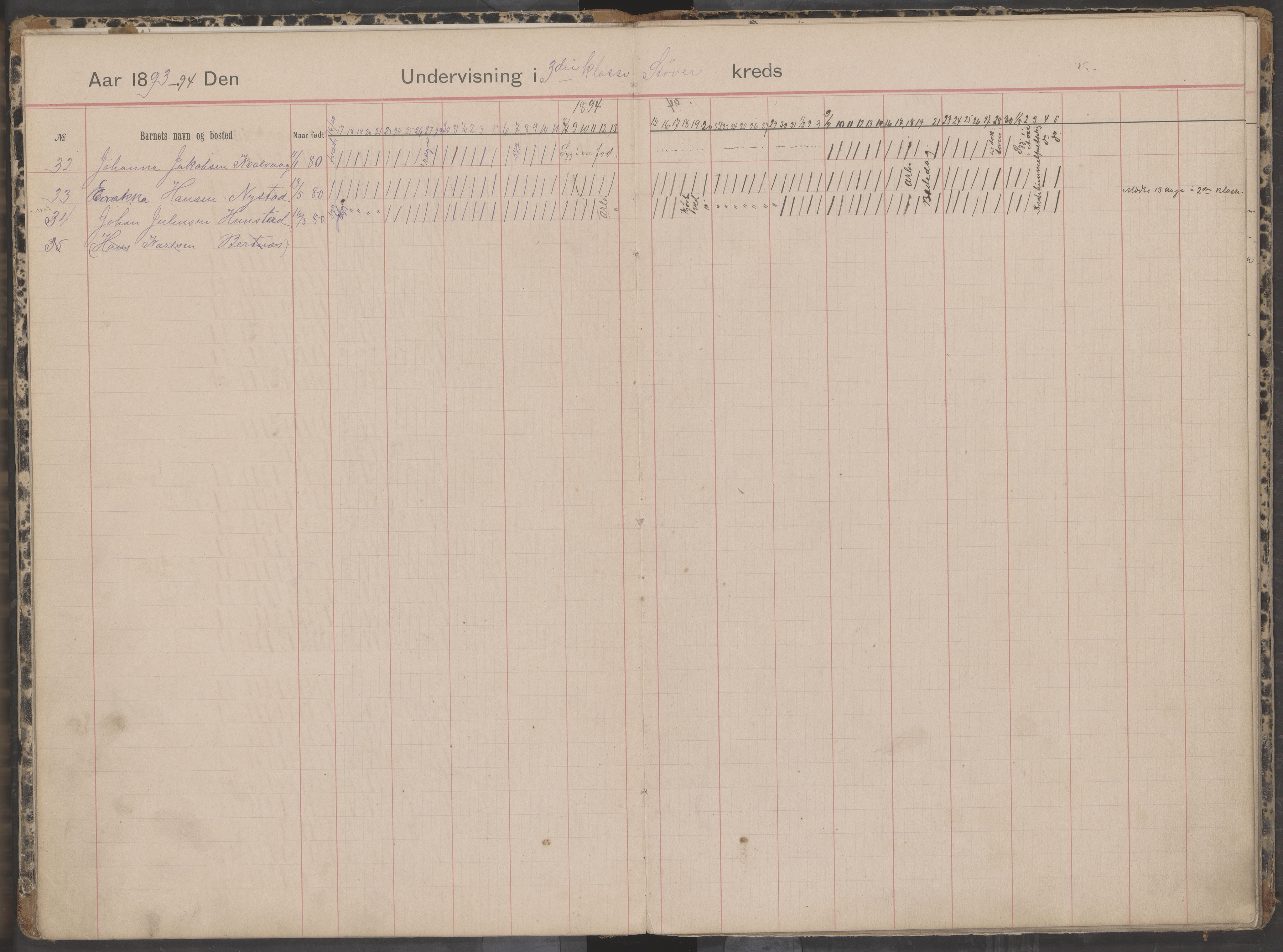Bodin kommune. Støver skolekrets, AIN/K-18431.510.07/F/Fa/L0001: Dagbok for skolehold og skolesøkning, 1892-1905