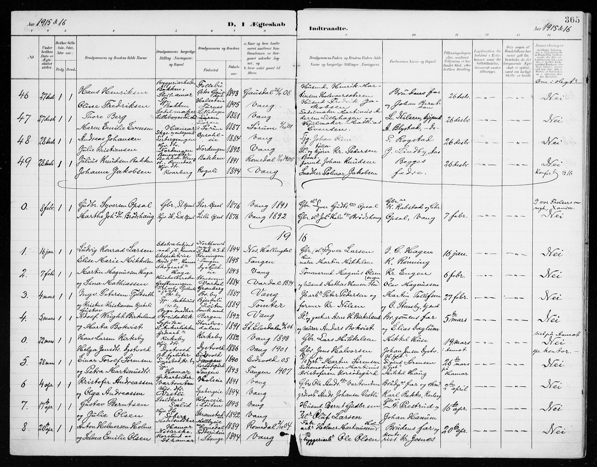 Vang prestekontor, Hedmark, AV/SAH-PREST-008/H/Ha/Haa/L0021: Ministerialbok nr. 21, 1902-1917, s. 365