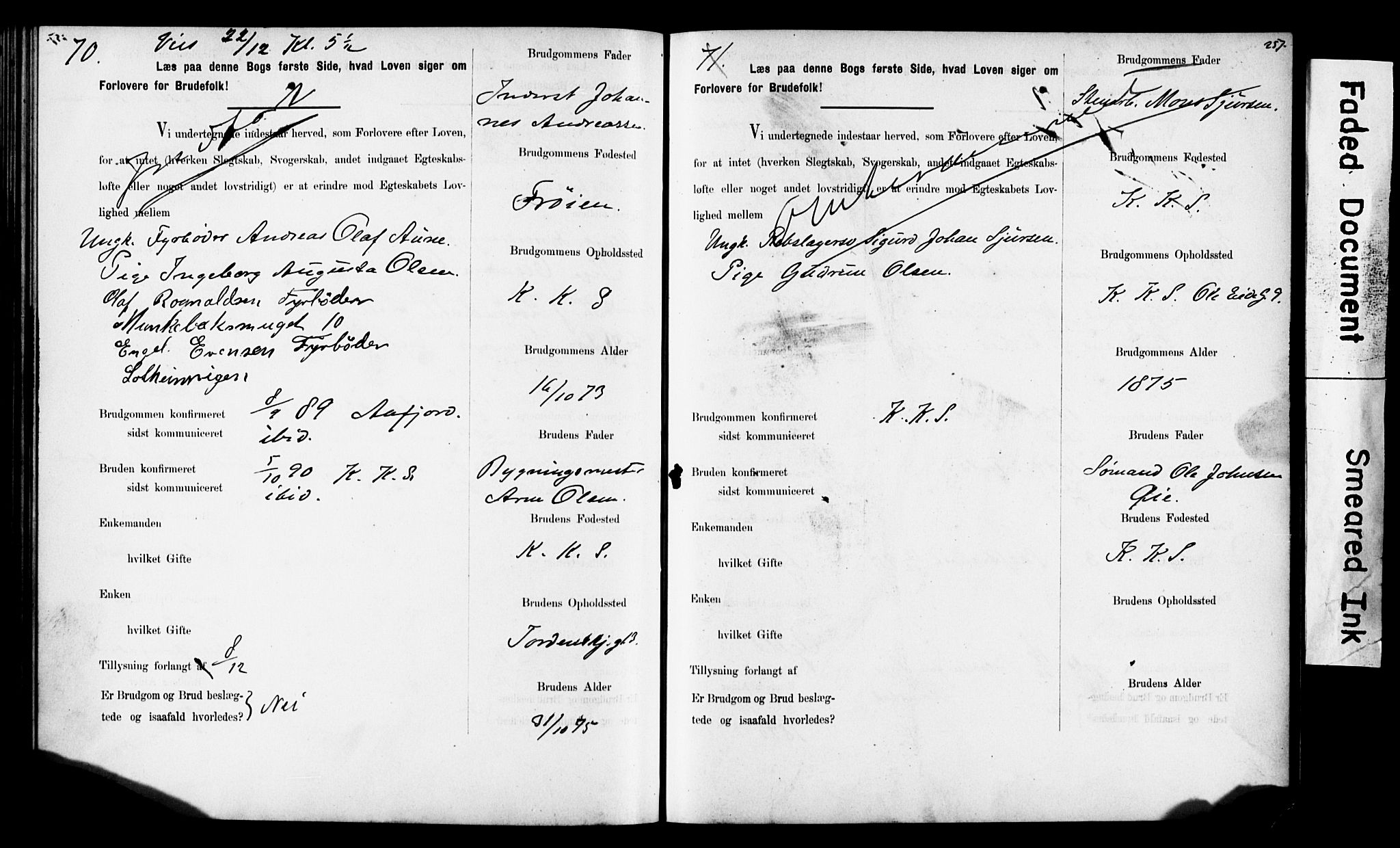 Korskirken sokneprestembete, SAB/A-76101: Forlovererklæringer nr. II.5.6, 1889-1898, s. 257