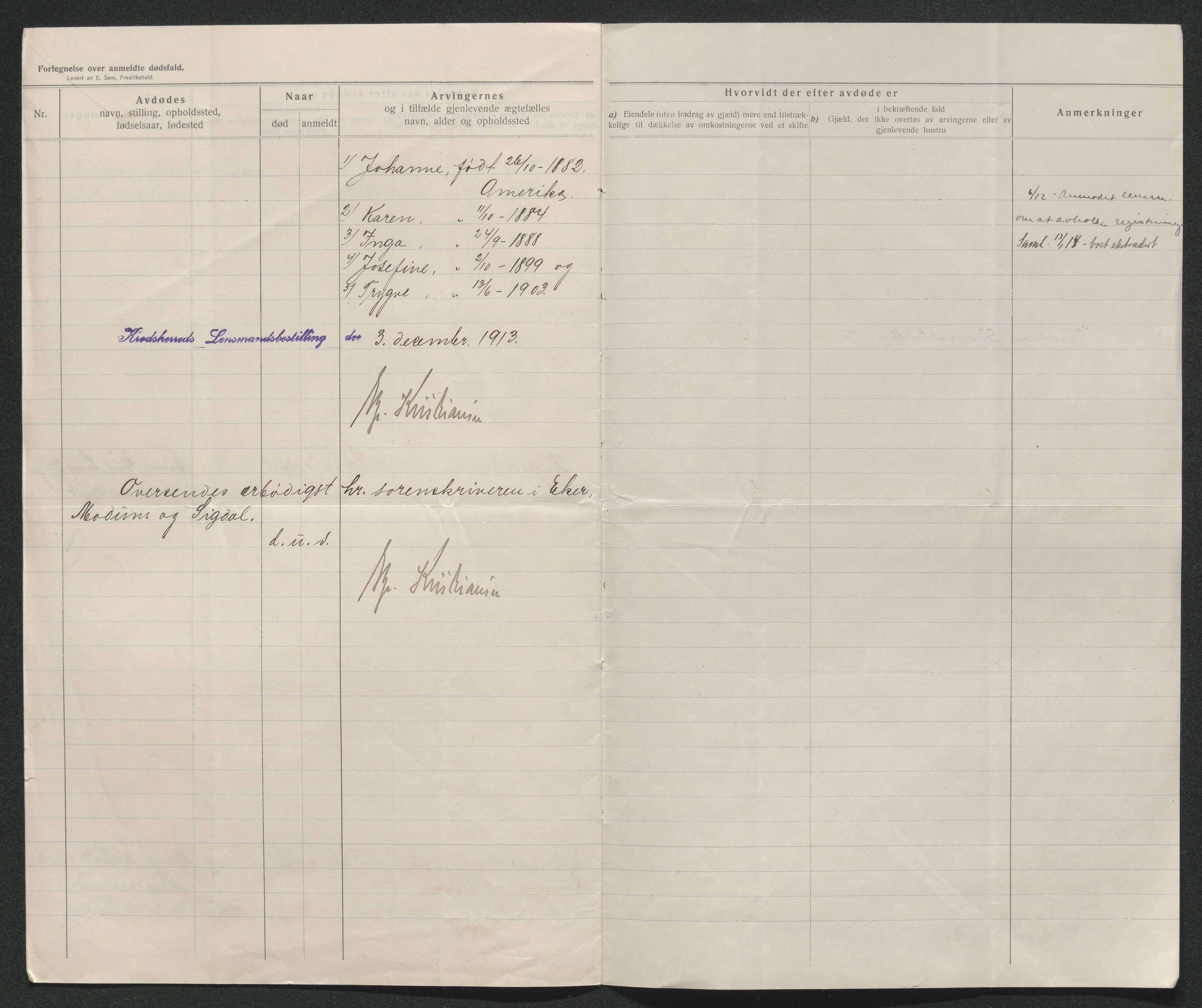 Eiker, Modum og Sigdal sorenskriveri, AV/SAKO-A-123/H/Ha/Hab/L0036: Dødsfallsmeldinger, 1913, s. 294