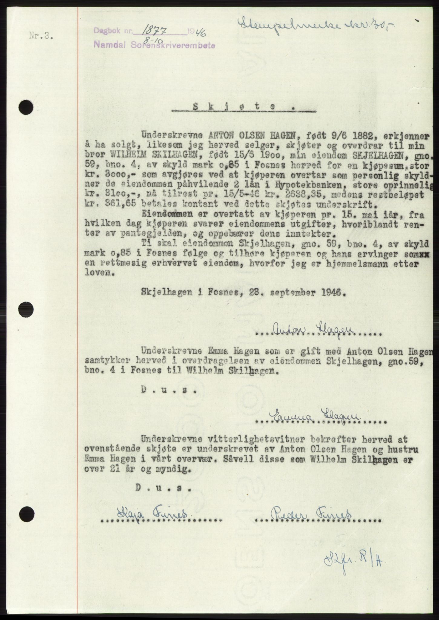 Namdal sorenskriveri, SAT/A-4133/1/2/2C: Pantebok nr. -, 1946-1947, Dagboknr: 1877/1946
