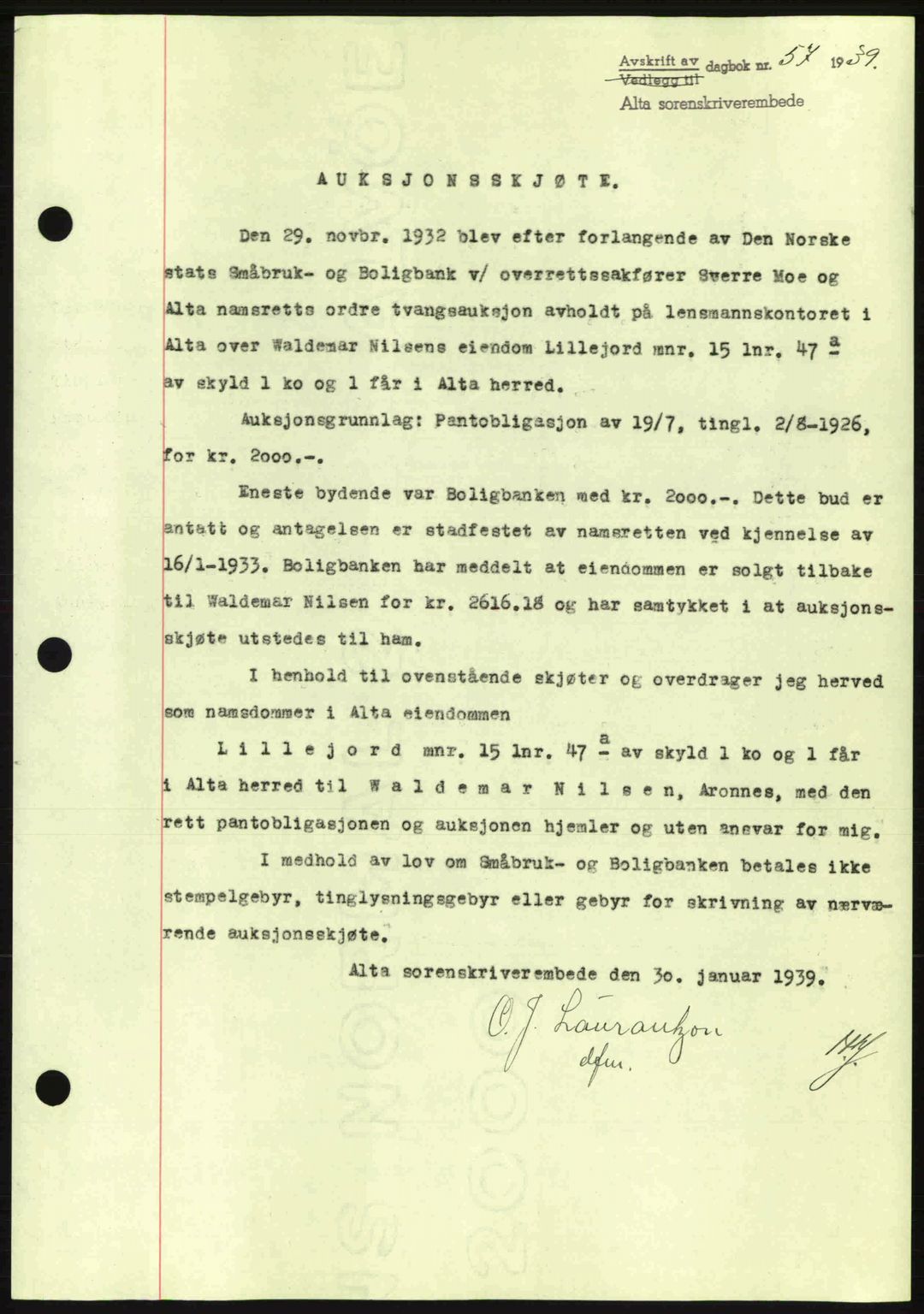 Alta fogderi/sorenskriveri, SATØ/SATØ-5/1/K/Kd/L0031pantebok: Pantebok nr. 31, 1938-1939, Dagboknr: 57/1939