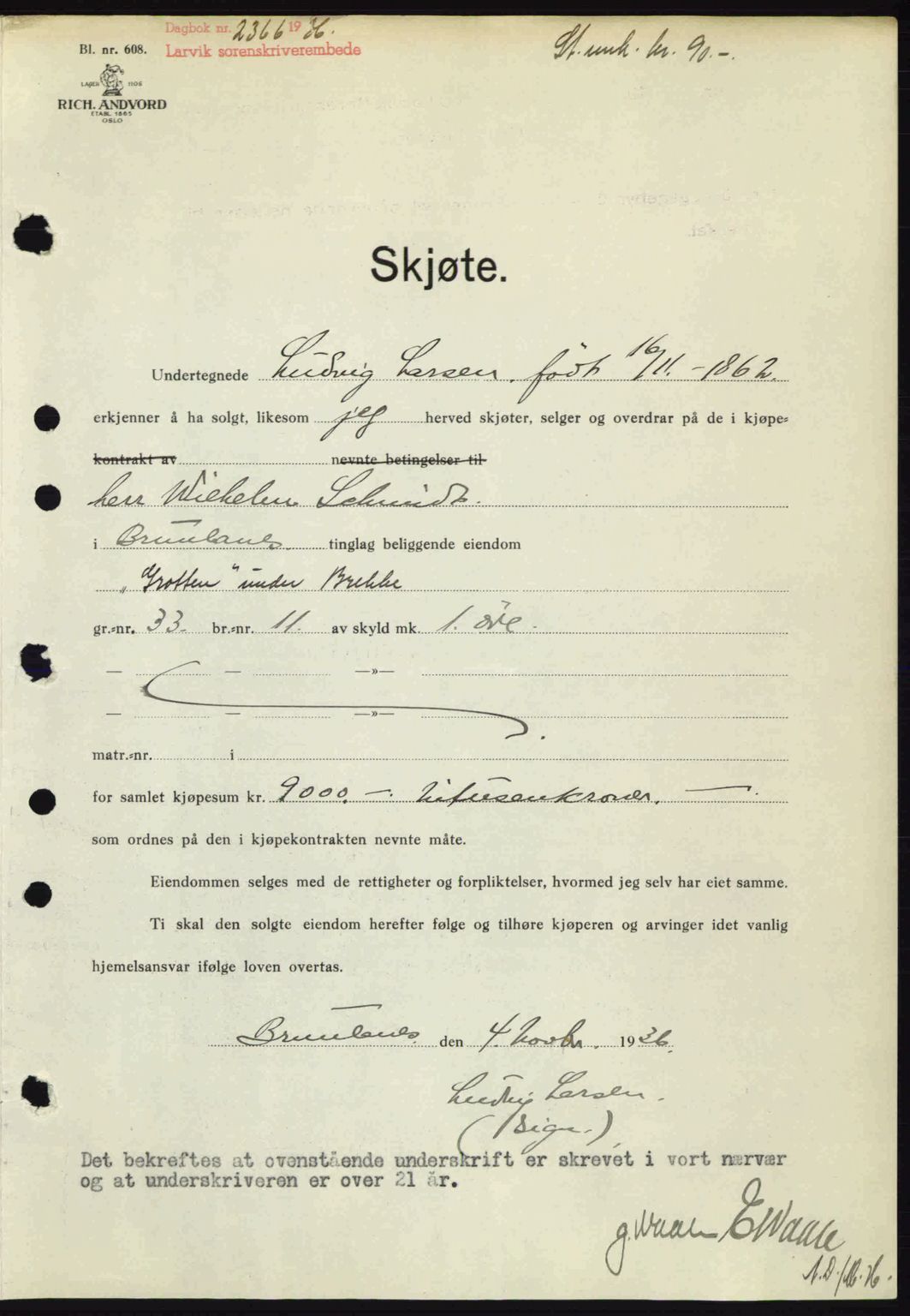 Larvik sorenskriveri, SAKO/A-83/G/Ga/Gab/L0067: Pantebok nr. A-1, 1936-1937, Dagboknr: 2366/1936
