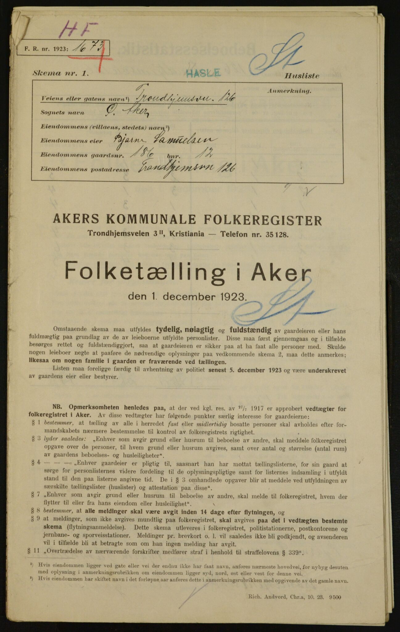 , Kommunal folketelling 1.12.1923 for Aker, 1923, s. 33060