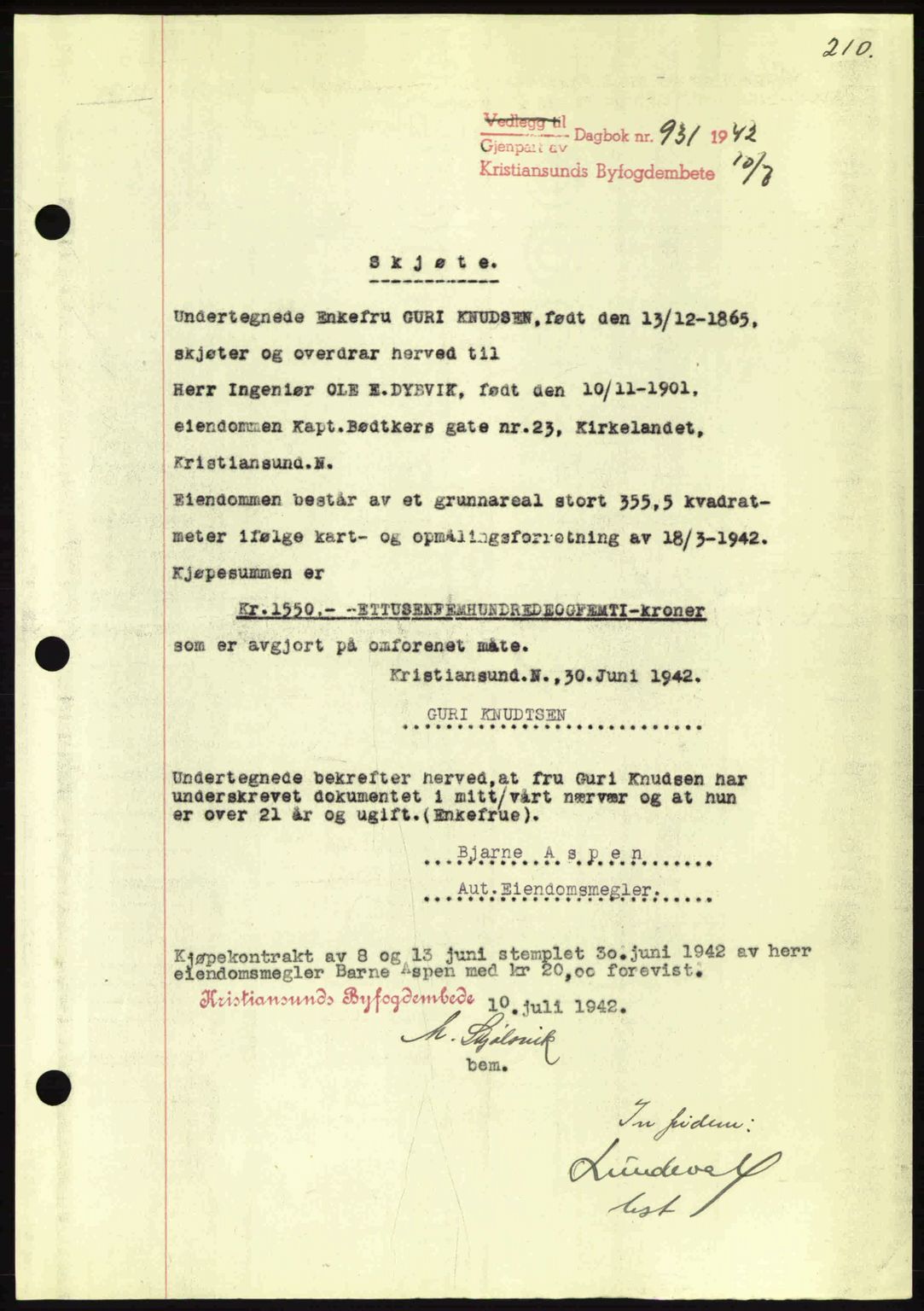 Kristiansund byfogd, AV/SAT-A-4587/A/27: Pantebok nr. 34, 1941-1945, Dagboknr: 931/1942