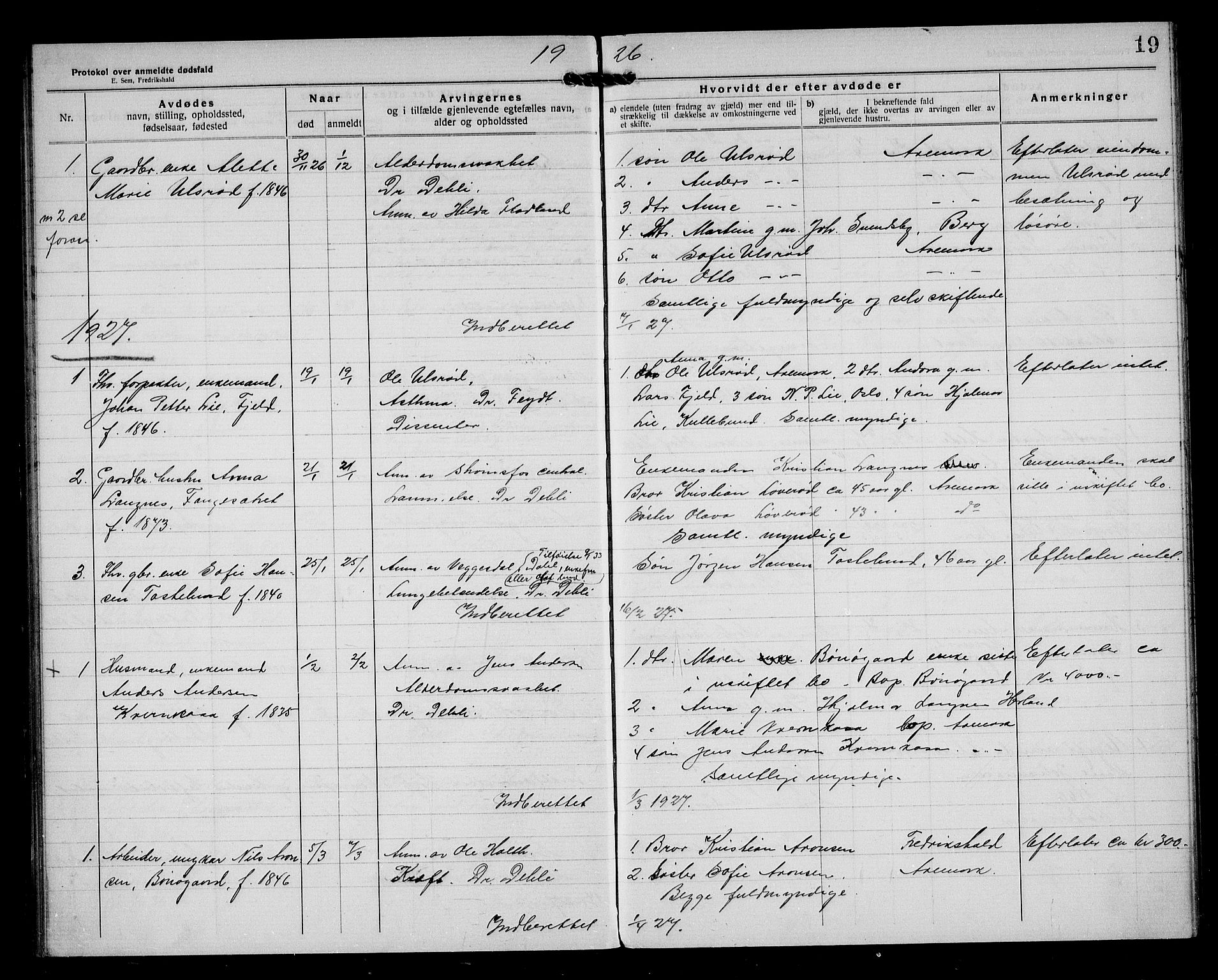 Aremark lensmannskontor, SAO/A-10631/H/Ha/L0004: Dødsfallsprotokoll, 1922-1933, s. 19