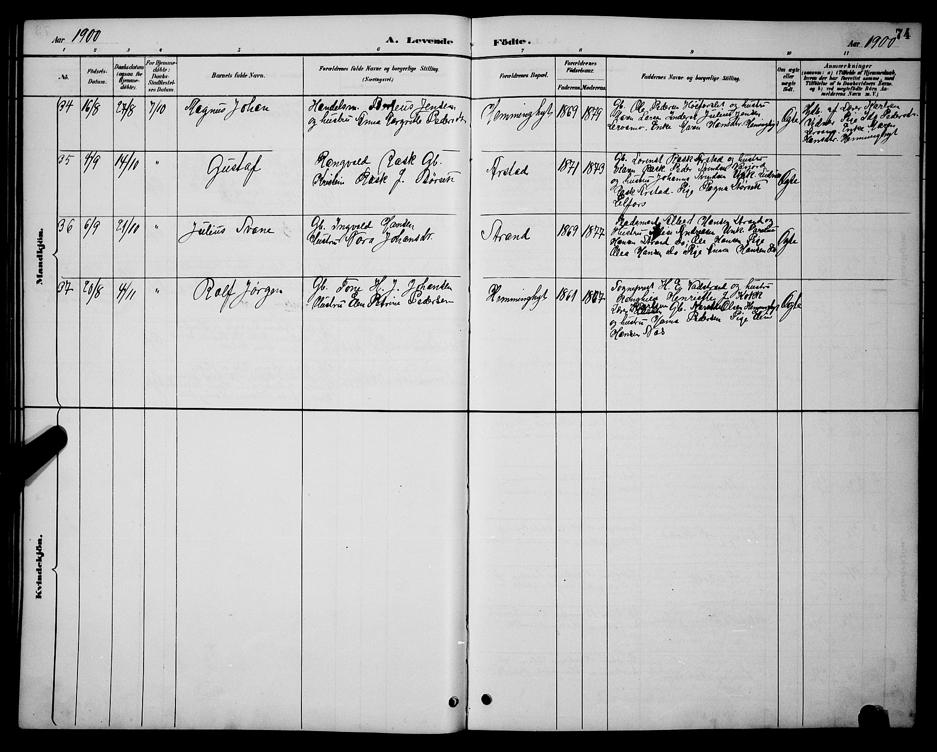 Ministerialprotokoller, klokkerbøker og fødselsregistre - Nordland, AV/SAT-A-1459/846/L0654: Klokkerbok nr. 846C04, 1887-1901, s. 74