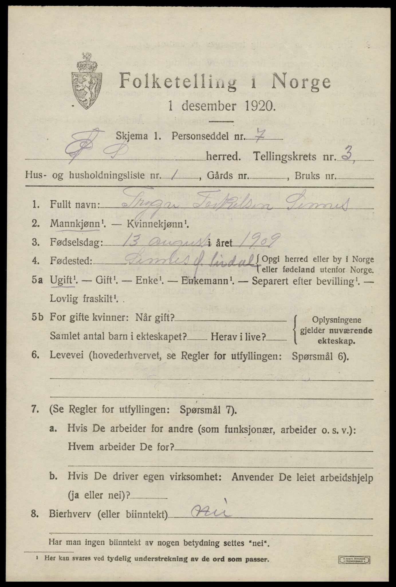 SAK, Folketelling 1920 for 1047 Øvre Sirdal herred, 1920, s. 545