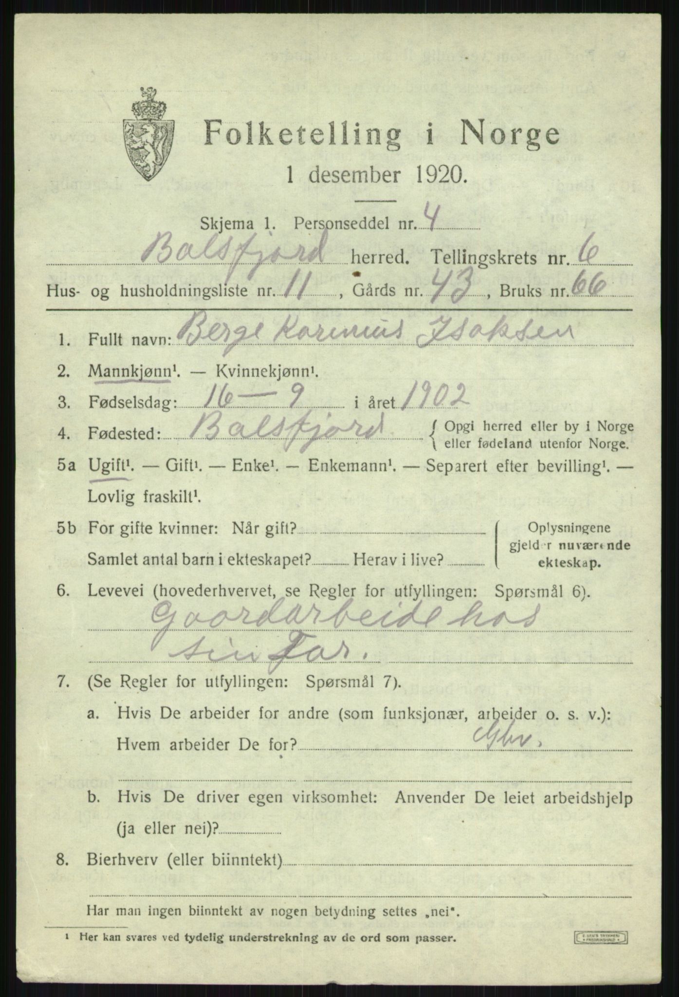 SATØ, Folketelling 1920 for 1933 Balsfjord herred, 1920, s. 3850
