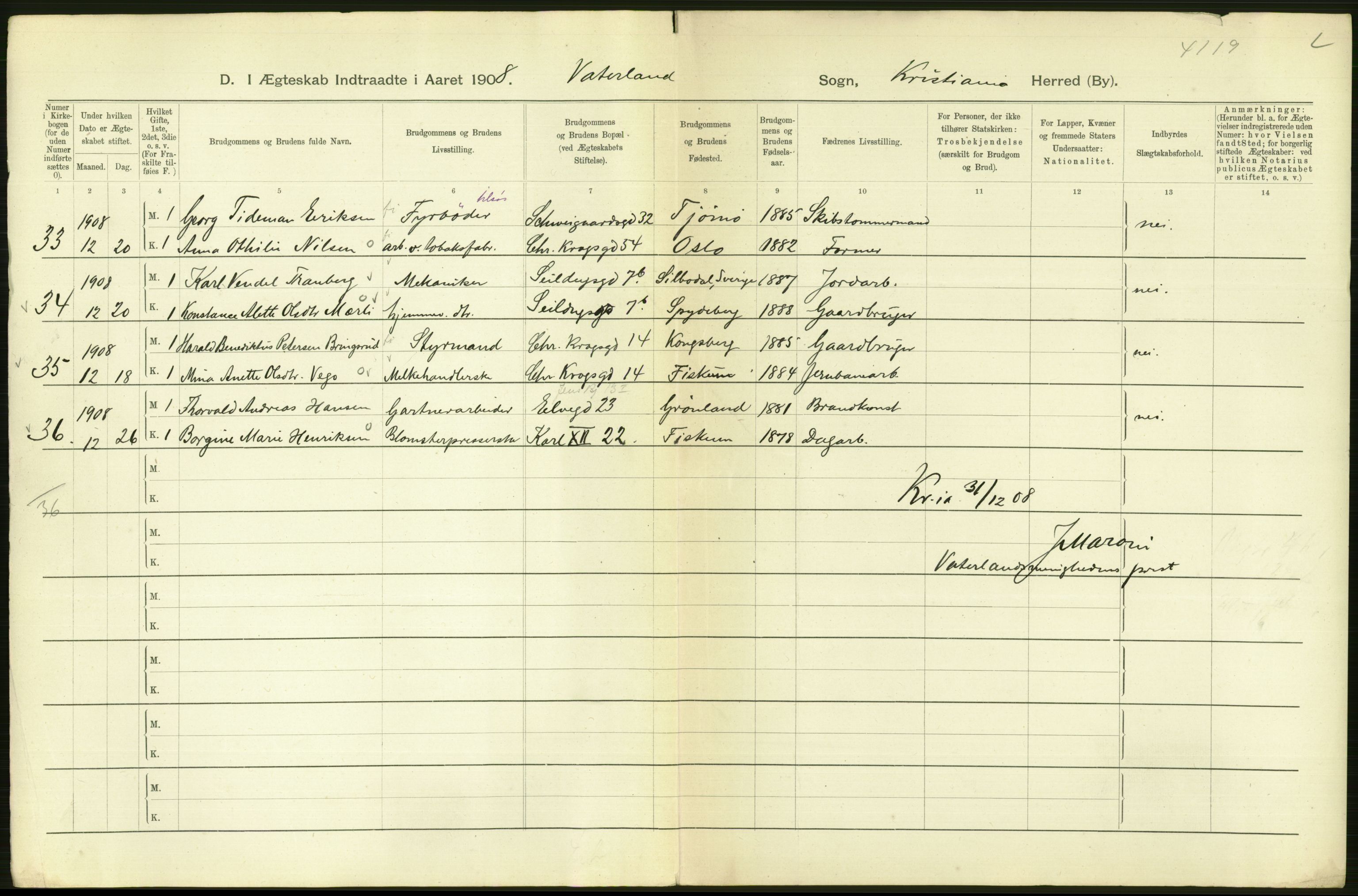 Statistisk sentralbyrå, Sosiodemografiske emner, Befolkning, AV/RA-S-2228/D/Df/Dfa/Dfaf/L0007: Kristiania: Gifte, 1908, s. 70