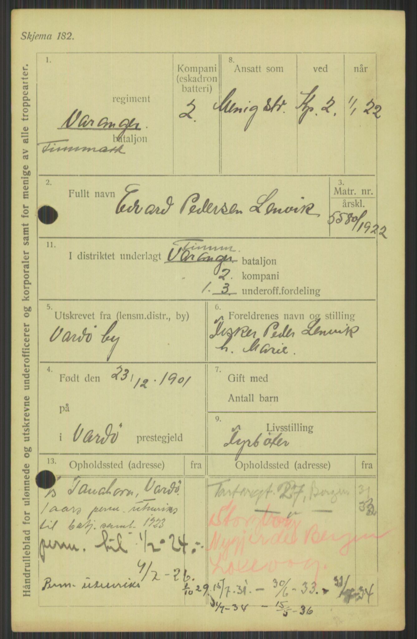 Forsvaret, Varanger bataljon, AV/RA-RAFA-2258/1/D/L0440: Rulleblad for fødte 1892-1912, 1892-1912, s. 613
