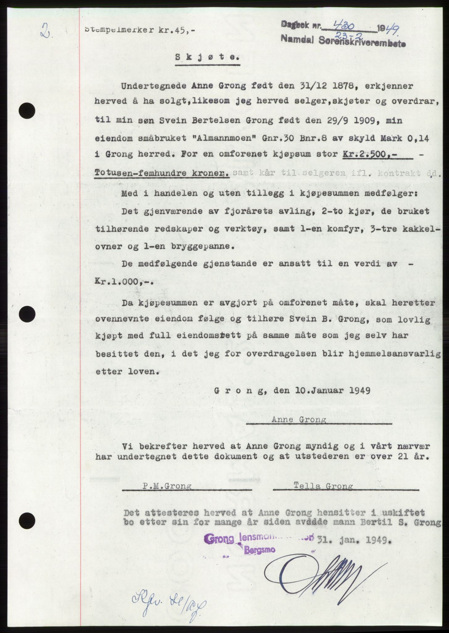 Namdal sorenskriveri, SAT/A-4133/1/2/2C: Pantebok nr. -, 1949-1949, Dagboknr: 430/1949