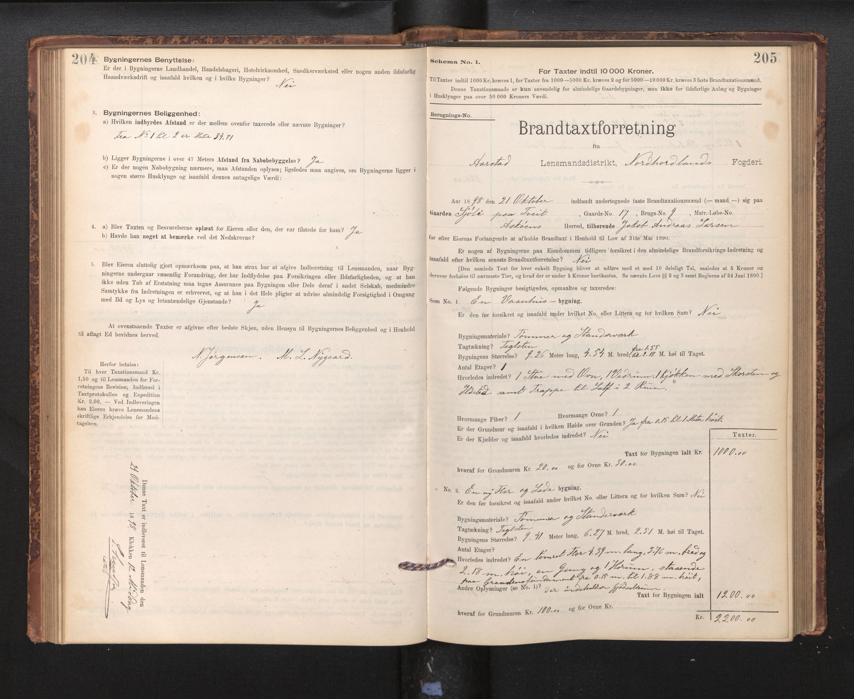 Lensmannen i Årstad, AV/SAB-A-36201/0012/L0011: Branntakstprotokoll,skjematakst, 1895-1901, s. 204-205