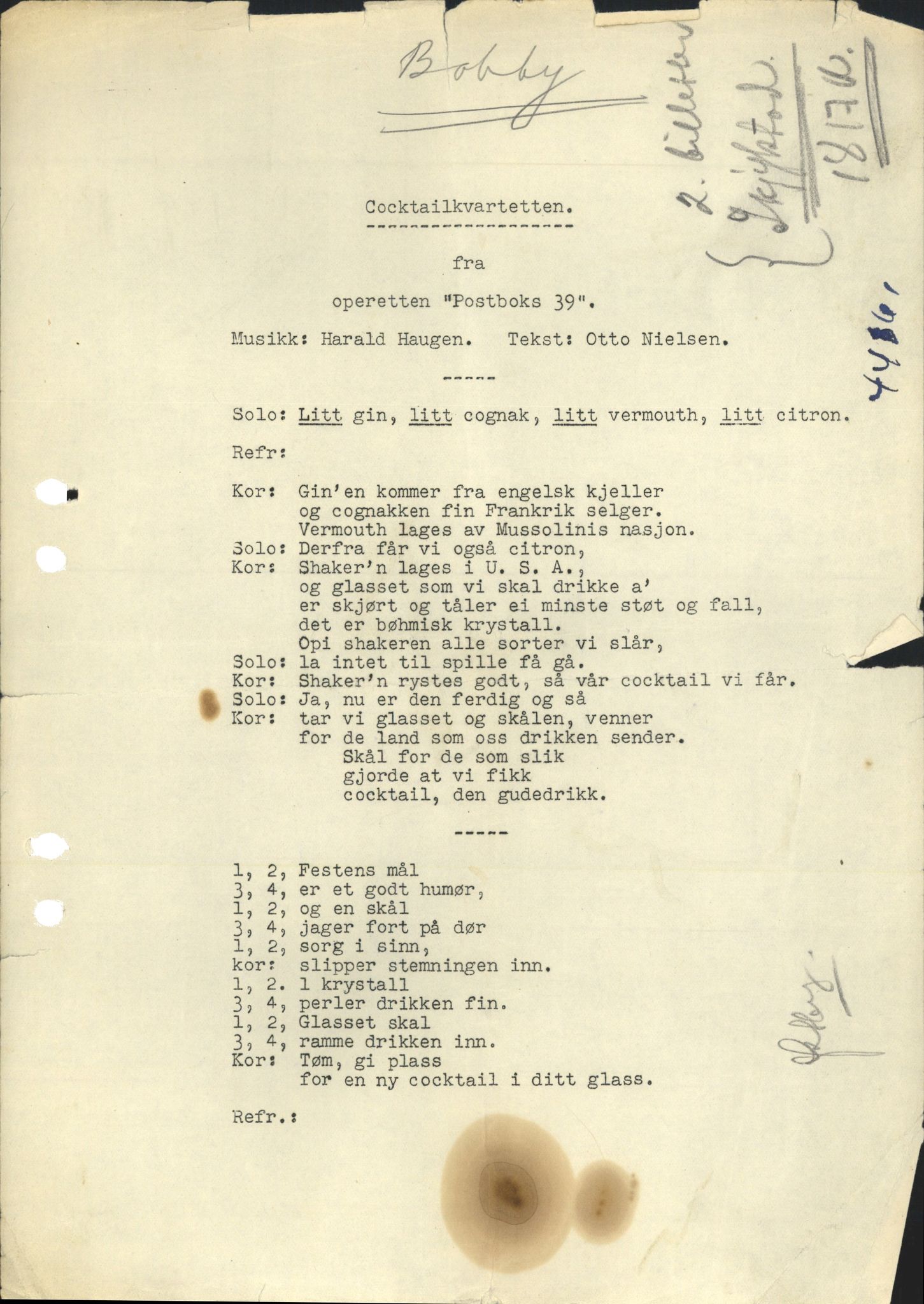 Otto Nielsen, TRKO/PA-1176/F/L0016/0237: Noter / (Bobby) Coctktailkvartetten_tekst, 1933