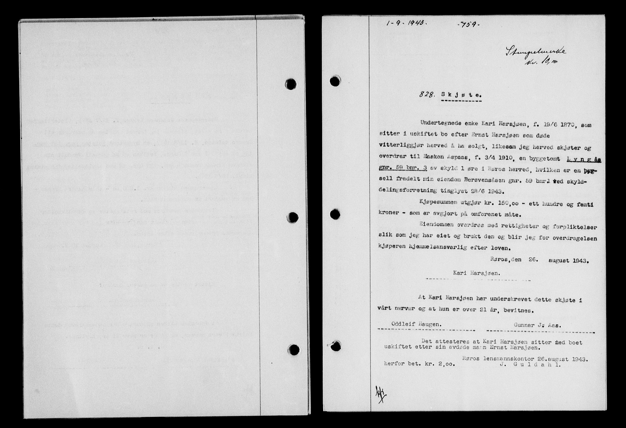 Gauldal sorenskriveri, SAT/A-0014/1/2/2C/L0056: Pantebok nr. 61, 1942-1943, Dagboknr: 828/1943