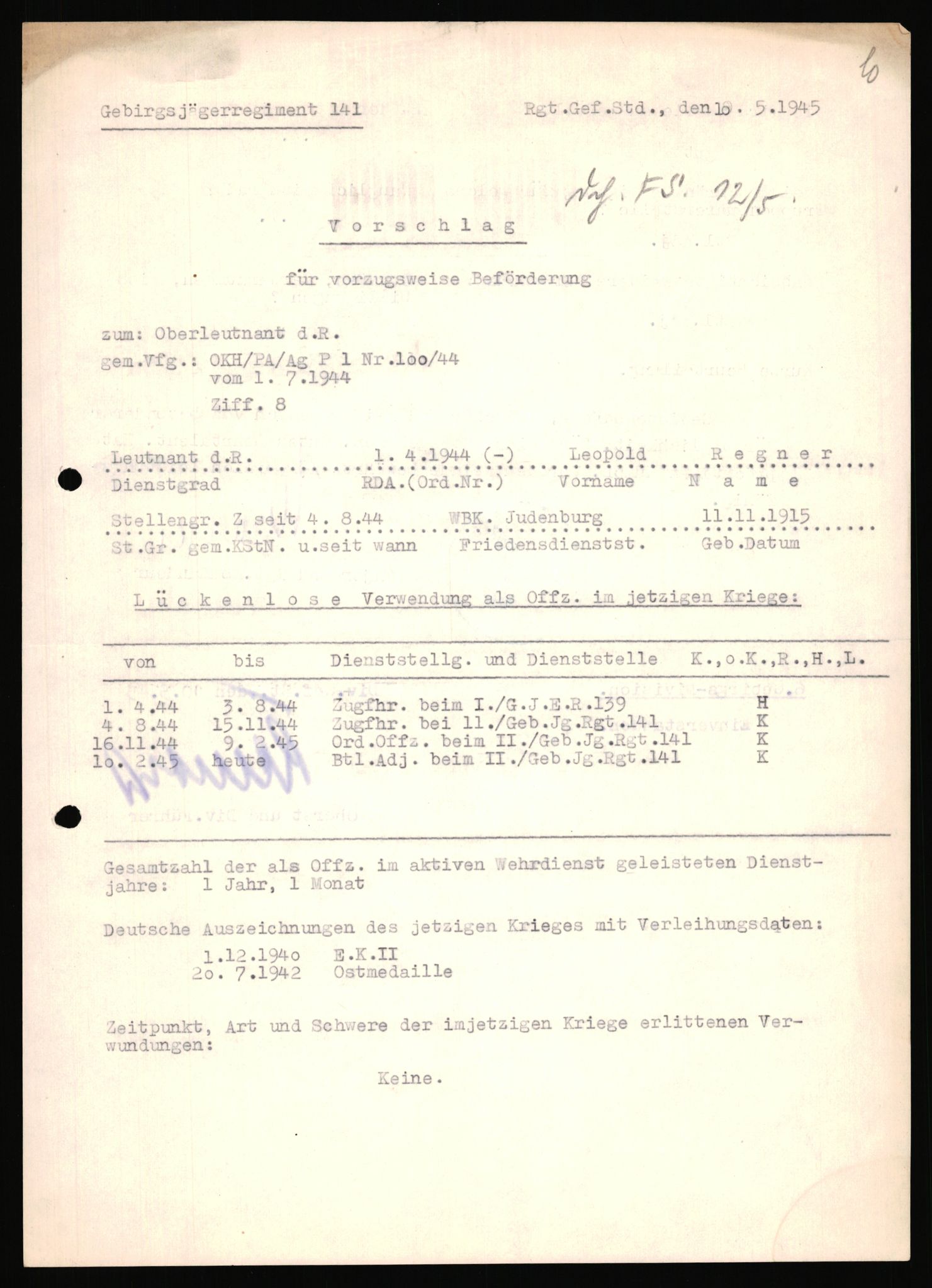 Forsvarets Overkommando. 2 kontor. Arkiv 11.4. Spredte tyske arkivsaker, AV/RA-RAFA-7031/D/Dar/Dara/L0019: Personalbøker og diverse, 1940-1945, s. 8