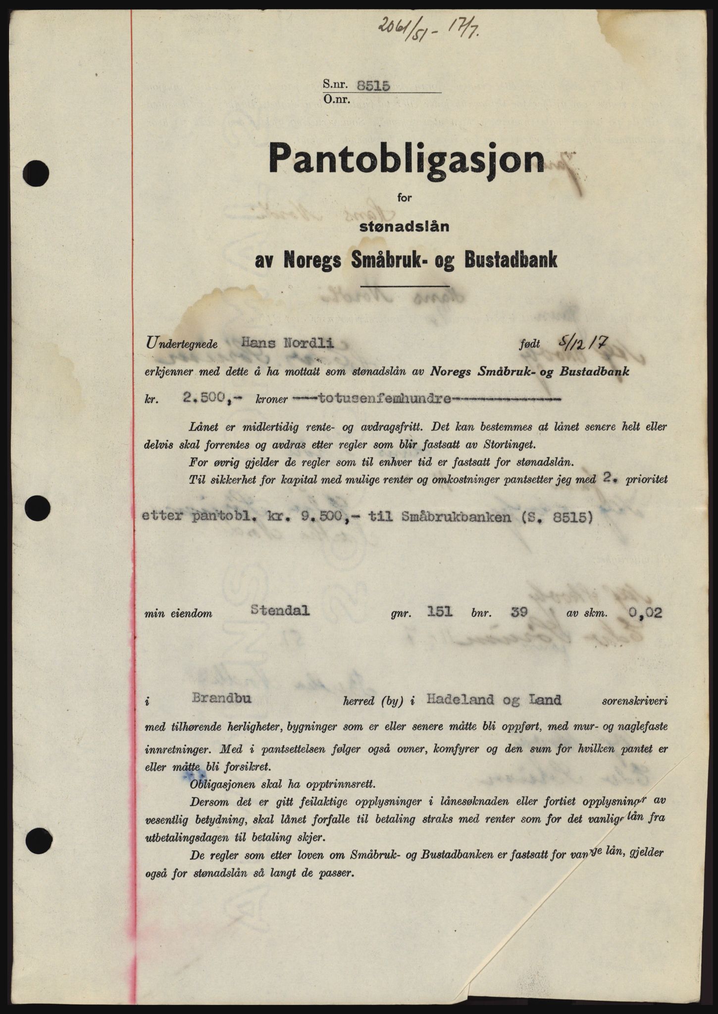 Hadeland og Land tingrett, SAH/TING-010/H/Hb/Hbc/L0021: Pantebok nr. B21, 1951-1951, Dagboknr: 2061/1951
