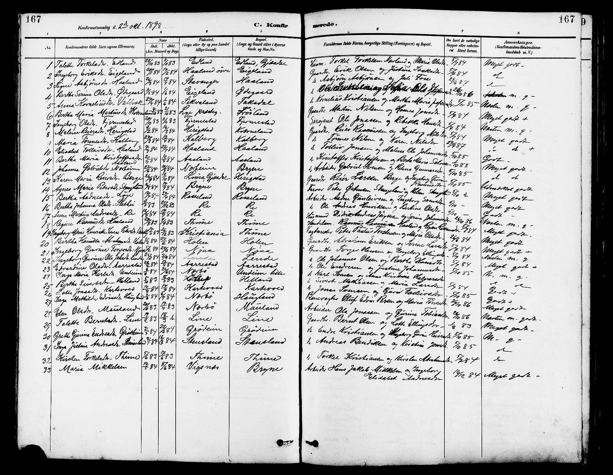 Lye sokneprestkontor, AV/SAST-A-101794/001/30BB/L0007: Klokkerbok nr. B 8, 1889-1909, s. 167