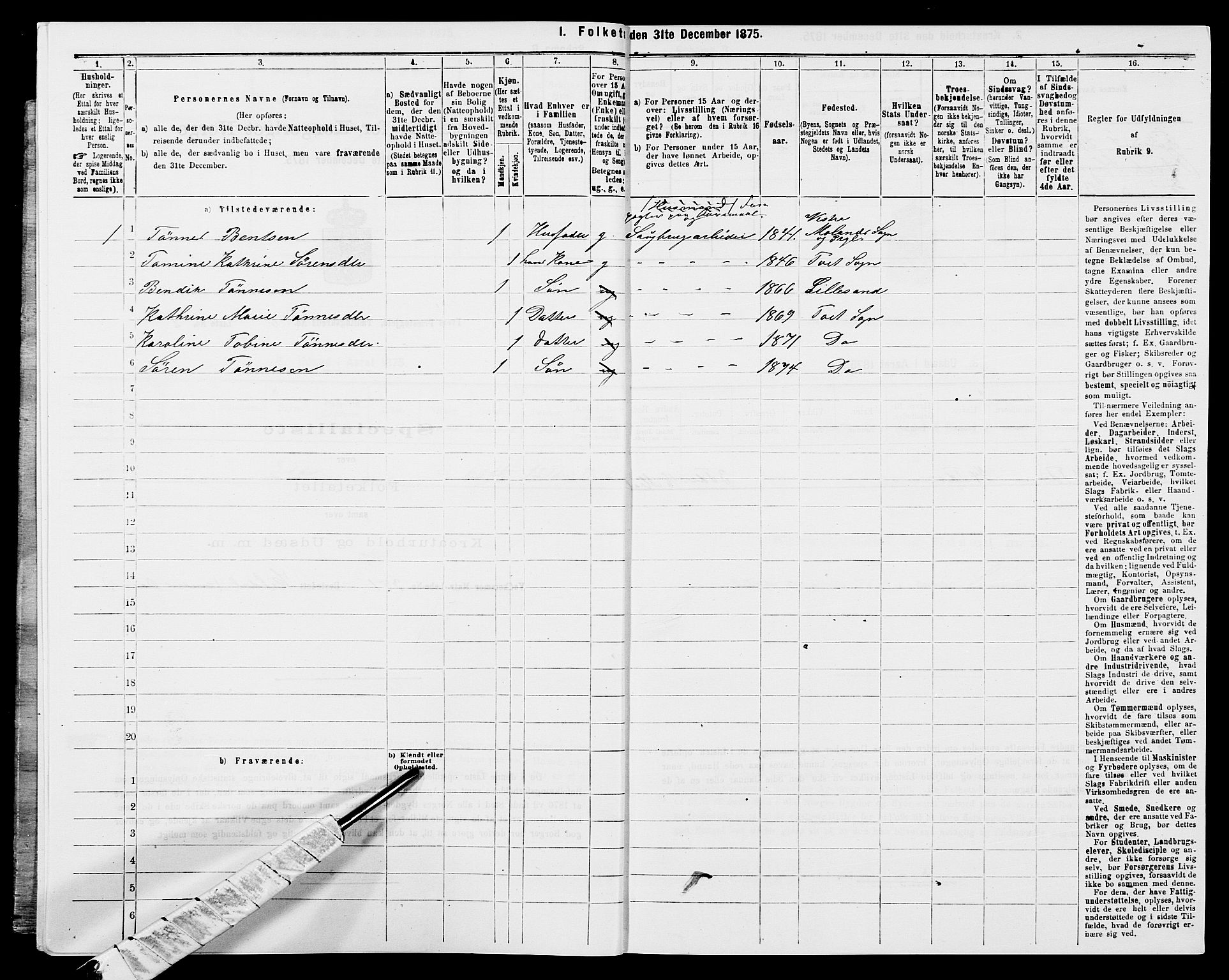 SAK, Folketelling 1875 for 1013P Tveit prestegjeld, 1875, s. 176