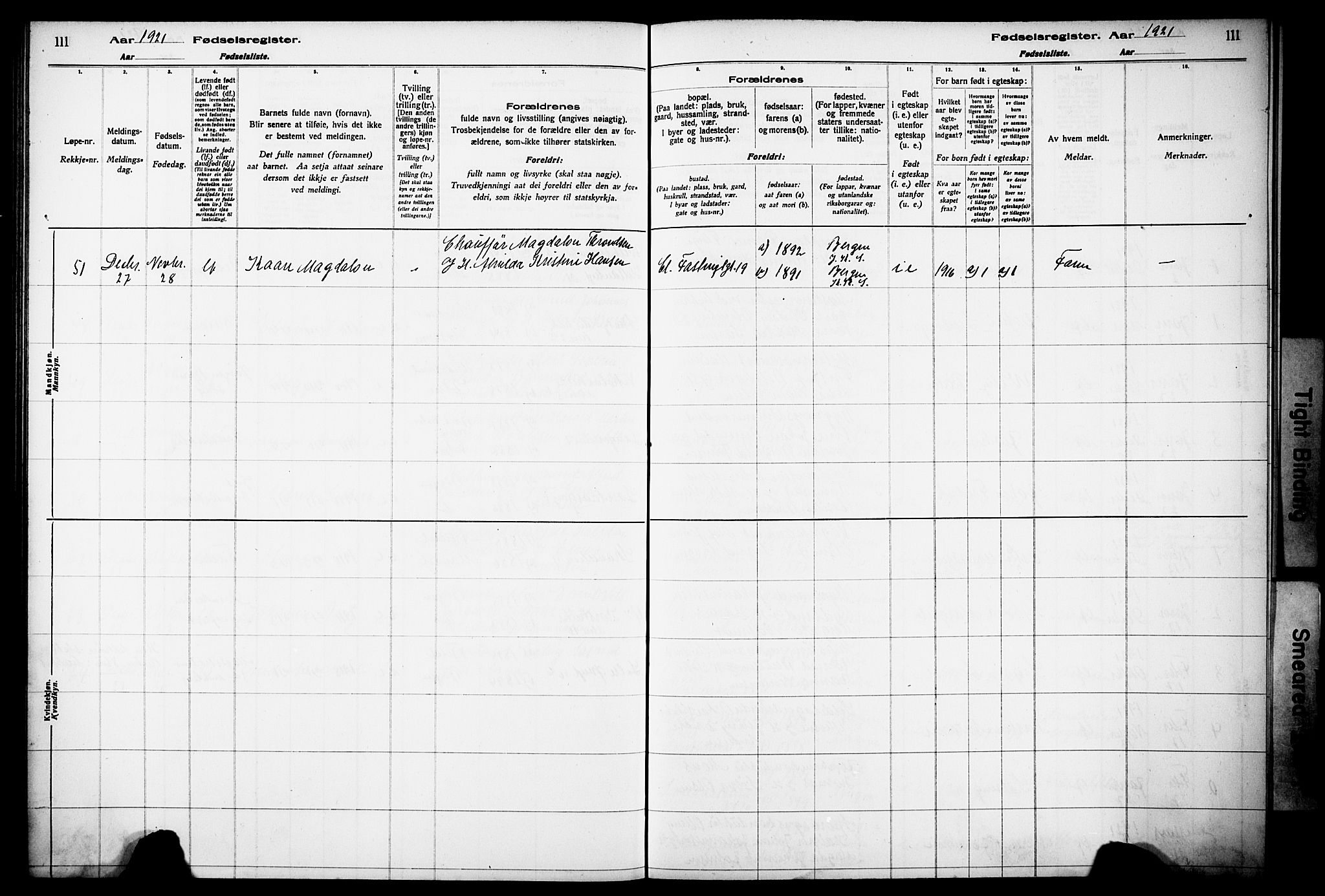 Korskirken sokneprestembete, AV/SAB-A-76101/I/Id/L00A1: Fødselsregister nr. A 1, 1916-1929, s. 111