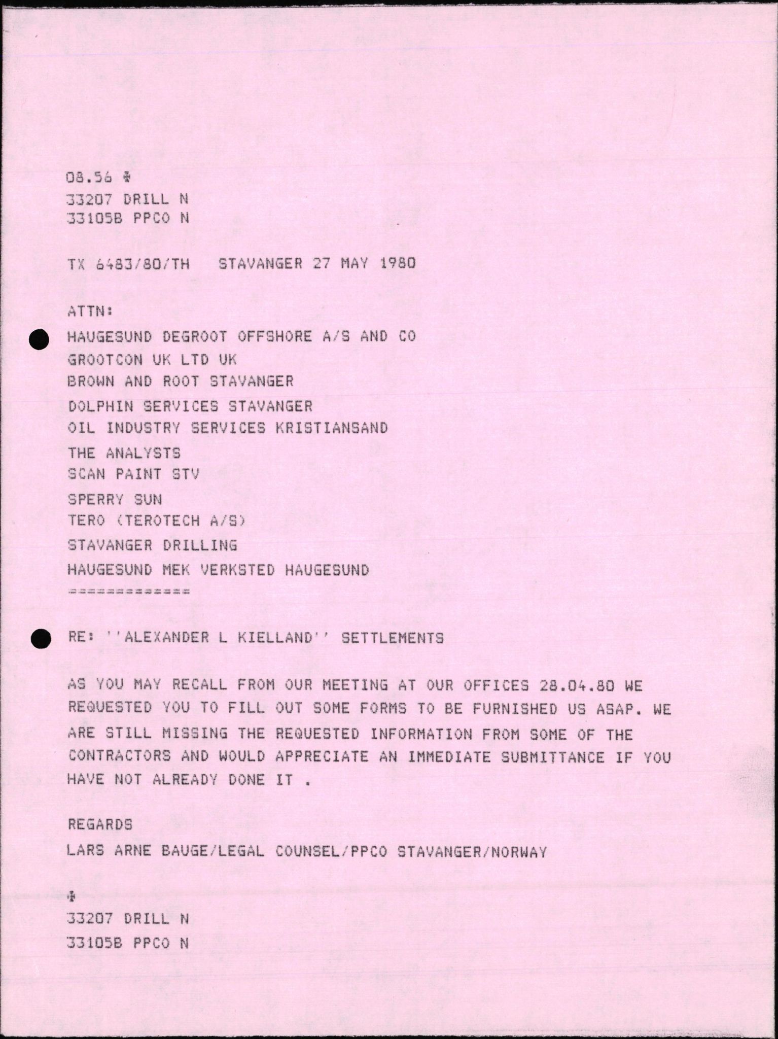 Pa 1503 - Stavanger Drilling AS, AV/SAST-A-101906/2/E/Eb/Eba/L0010: Sak og korrespondanse, 1977-1981