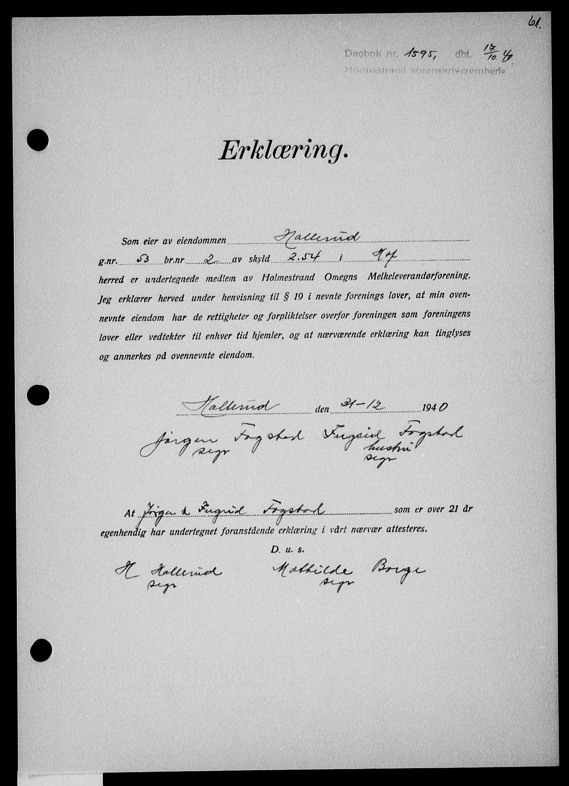 Holmestrand sorenskriveri, SAKO/A-67/G/Ga/Gaa/L0054: Pantebok nr. A-54, 1941-1942, Dagboknr: 1595/1941