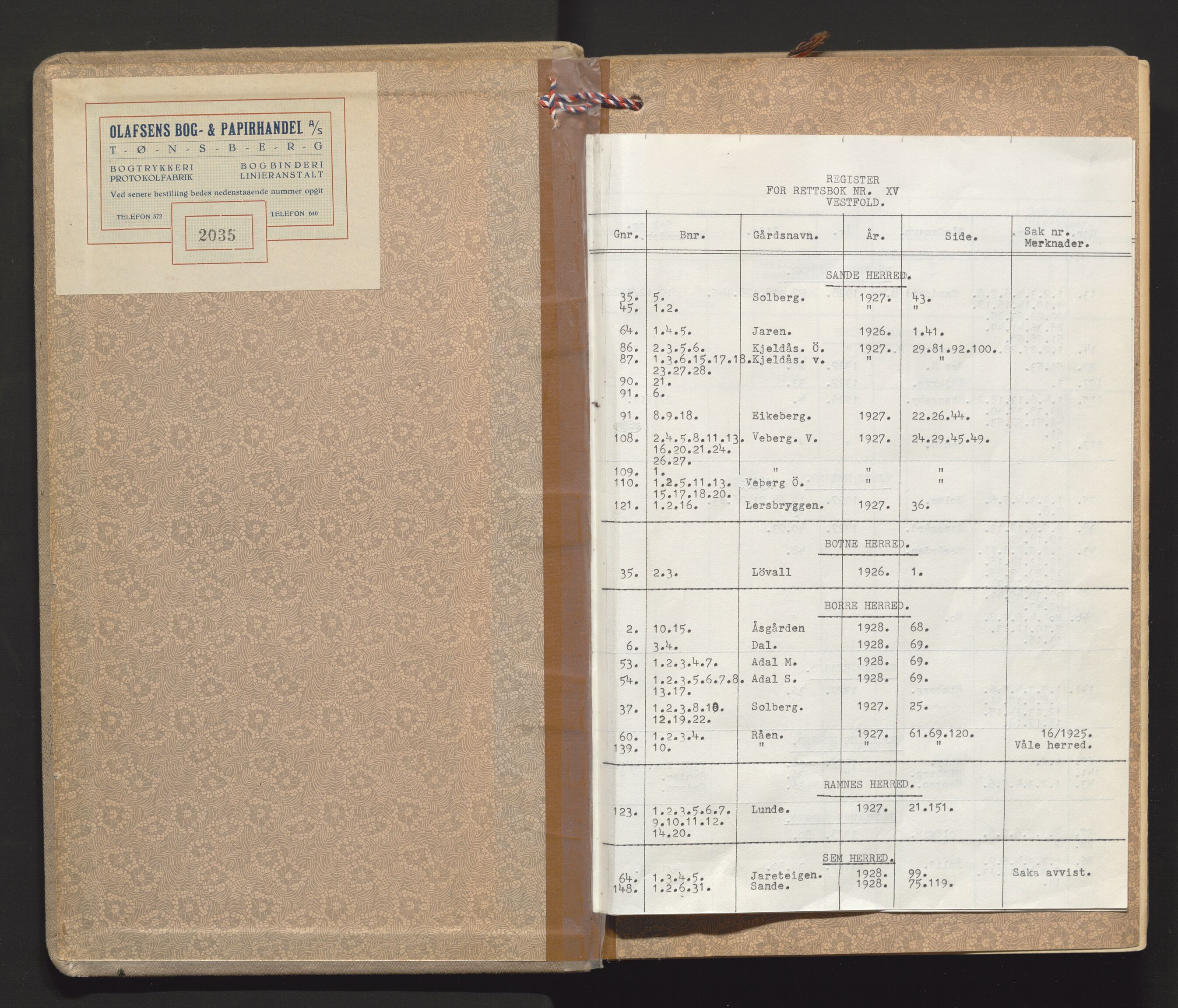 Utskiftningsvesenet i Vestfold, AV/SAKO-A-797/F/Fa/L0015: Rettsbok (forhandlingsprotokoll), 1926-1930