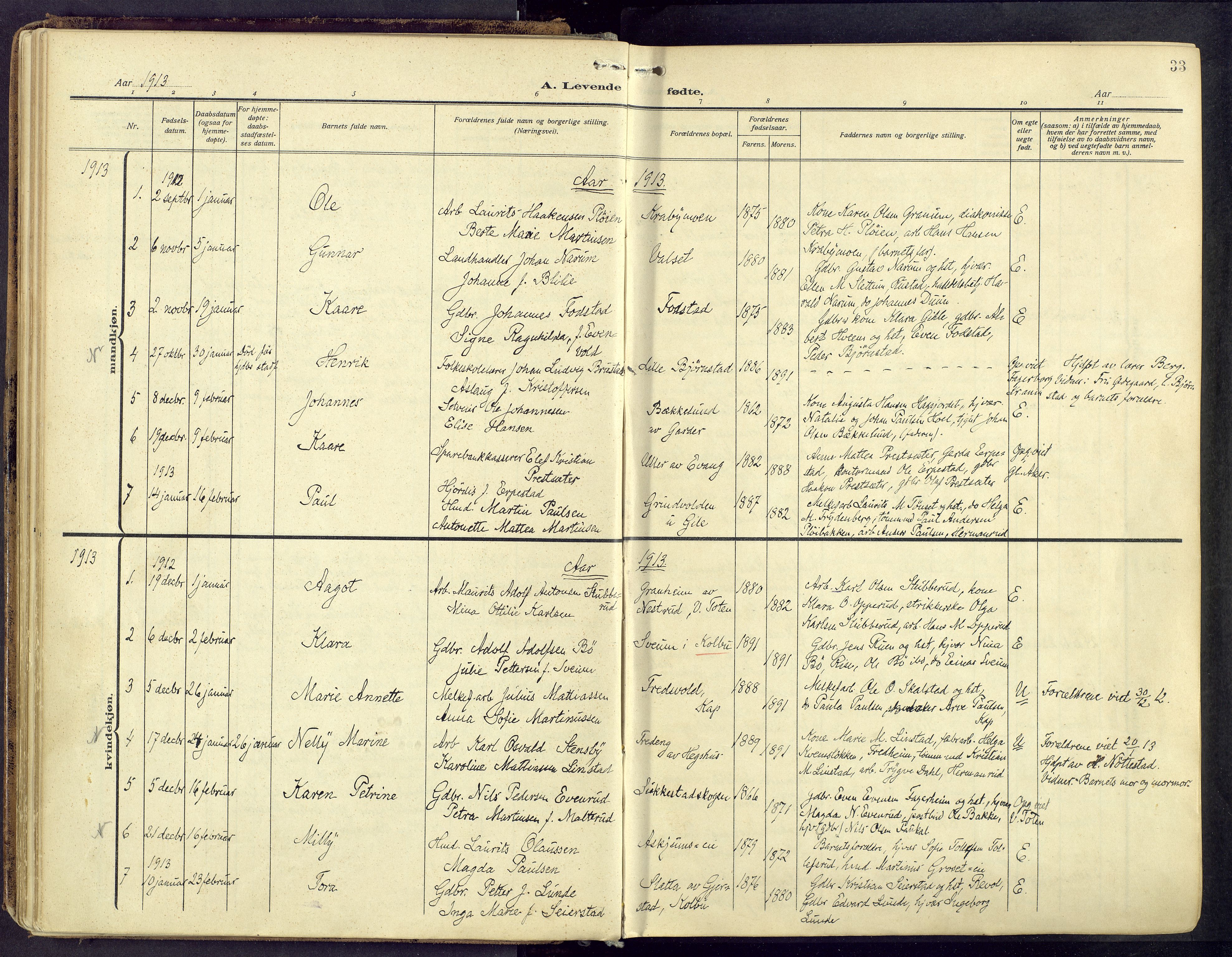 Østre Toten prestekontor, AV/SAH-PREST-104/H/Ha/Haa/L0010: Ministerialbok nr. 10, 1910-1920, s. 33
