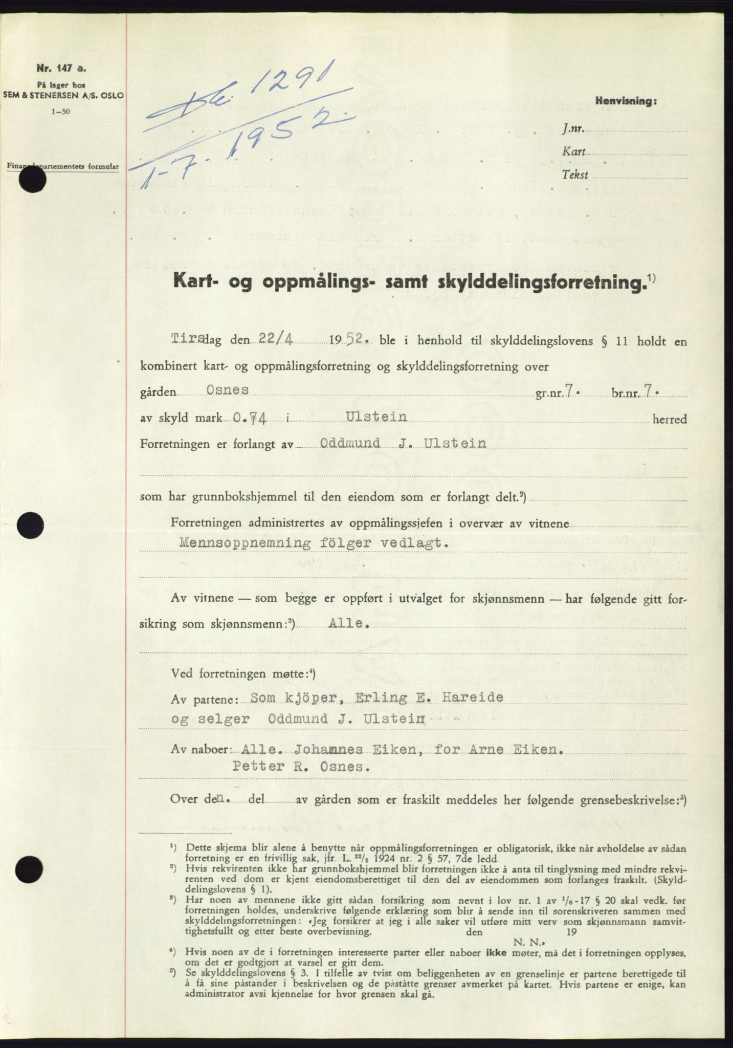 Søre Sunnmøre sorenskriveri, AV/SAT-A-4122/1/2/2C/L0092: Pantebok nr. 18A, 1952-1952, Dagboknr: 1291/1952