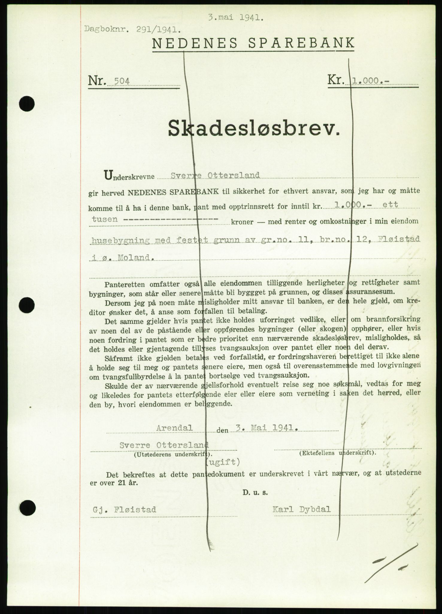 Nedenes sorenskriveri, SAK/1221-0006/G/Gb/Gbb/L0001: Pantebok nr. I, 1939-1942, Dagboknr: 291/1941