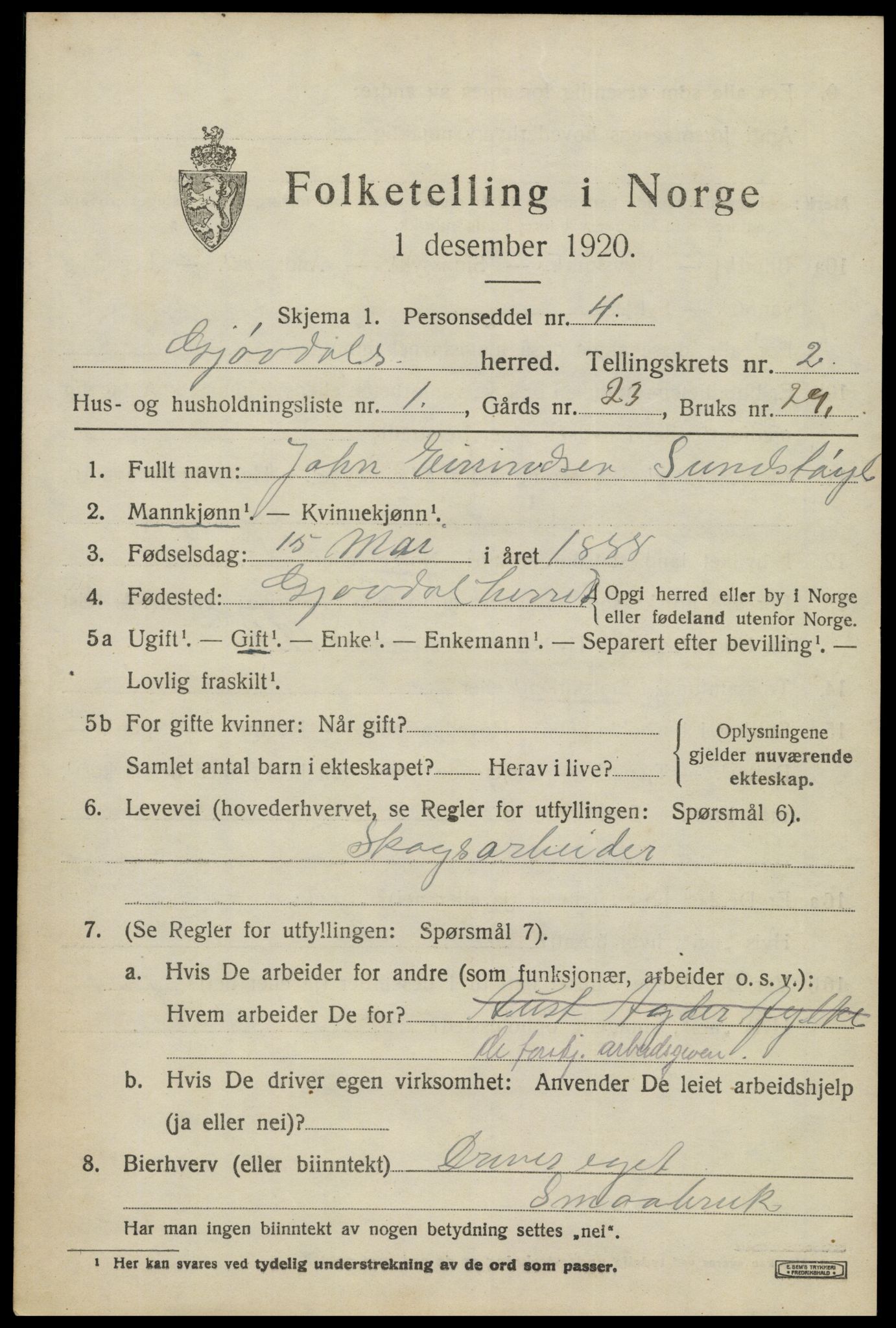 SAK, Folketelling 1920 for 0930 Gjøvdal herred, 1920, s. 836