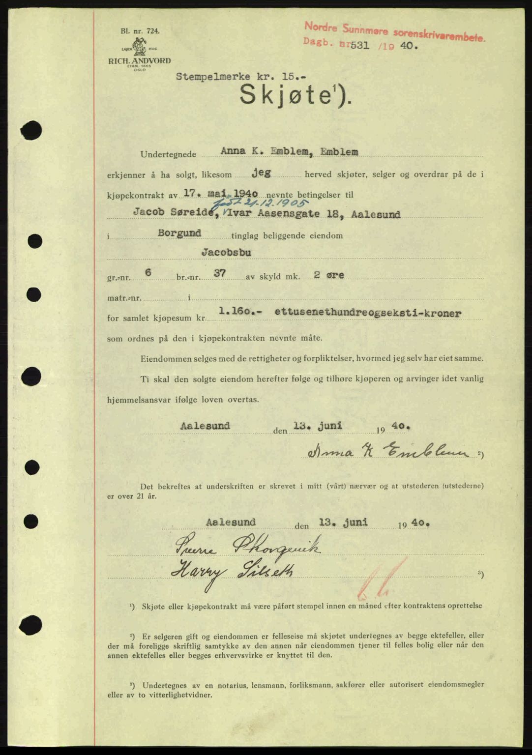 Nordre Sunnmøre sorenskriveri, AV/SAT-A-0006/1/2/2C/2Ca: Pantebok nr. A8, 1939-1940, Dagboknr: 531/1940