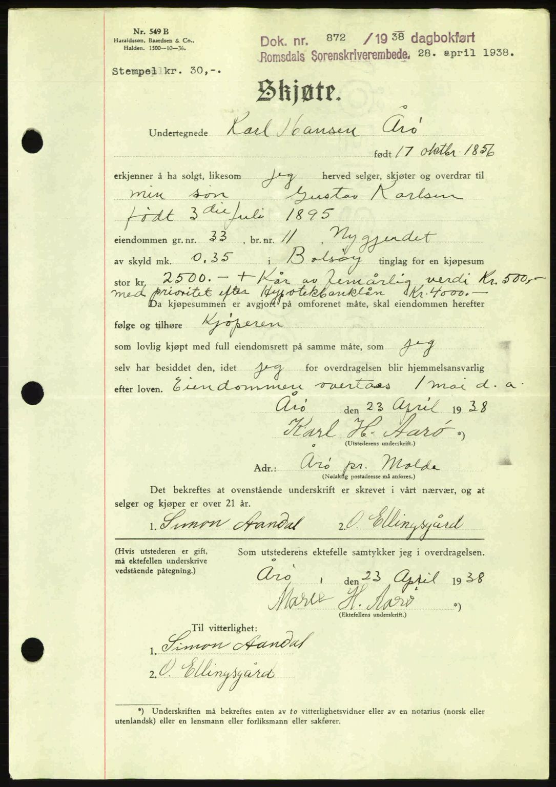 Romsdal sorenskriveri, SAT/A-4149/1/2/2C: Pantebok nr. A5, 1938-1938, Dagboknr: 872/1938