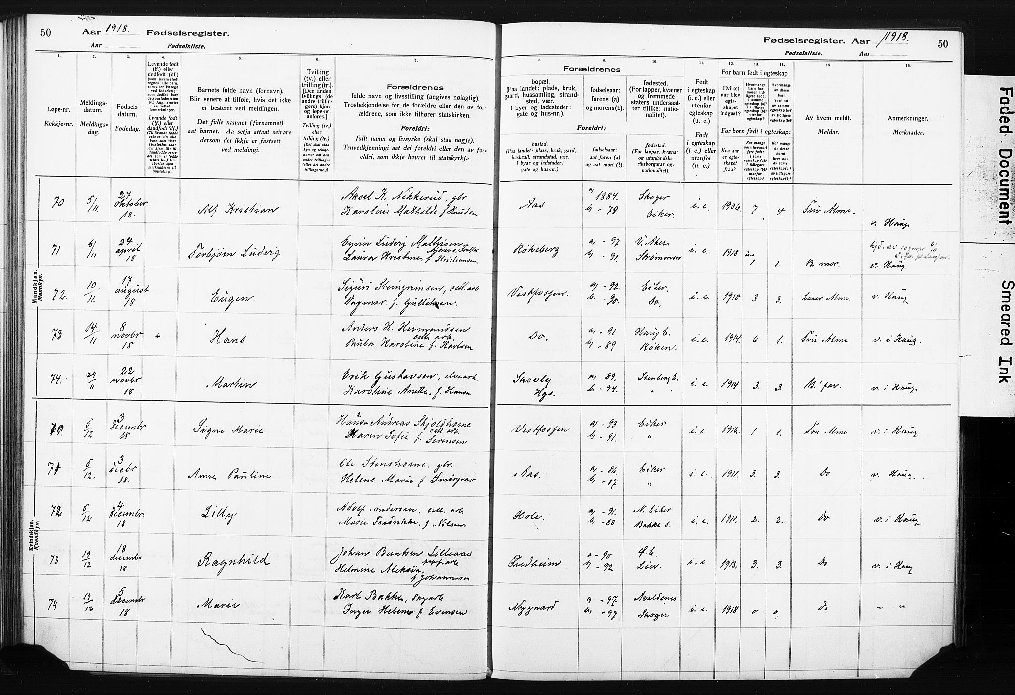 Eiker kirkebøker, AV/SAKO-A-4/J/Ja/L0001: Fødselsregister nr. I 1, 1916-1927, s. 50