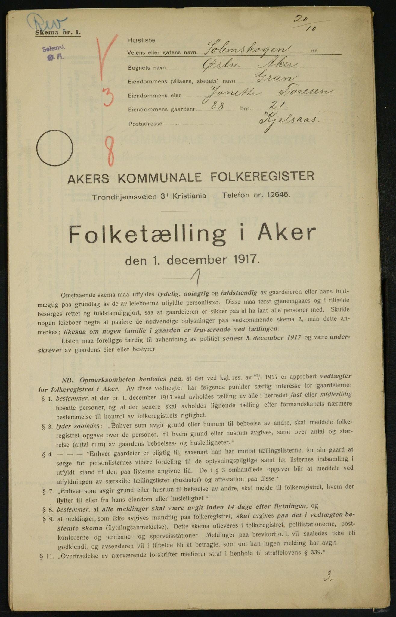 OBA, Kommunal folketelling 1.12.1917 for Aker, 1917, s. 13989