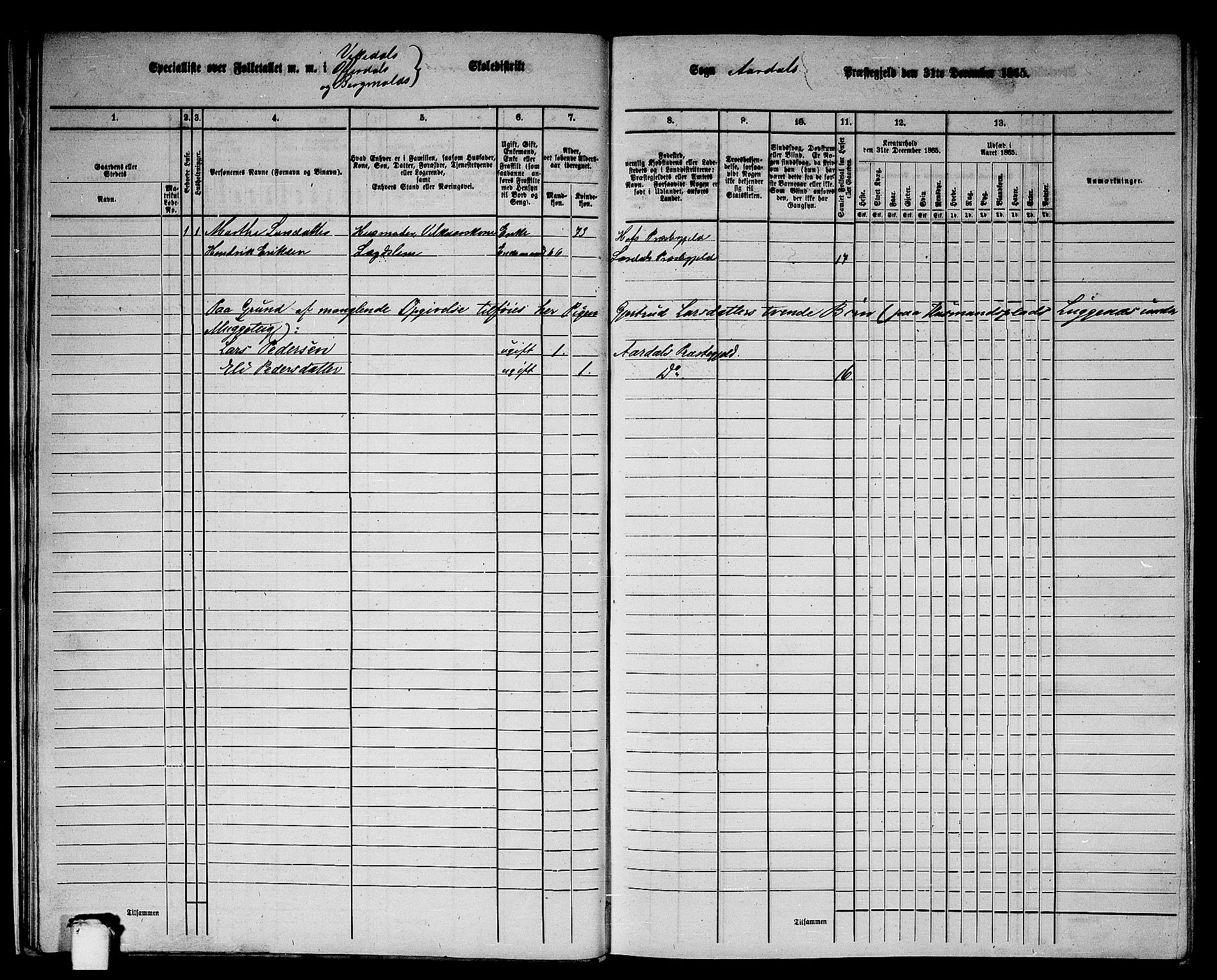 RA, Folketelling 1865 for 1424P Årdal prestegjeld, 1865, s. 23
