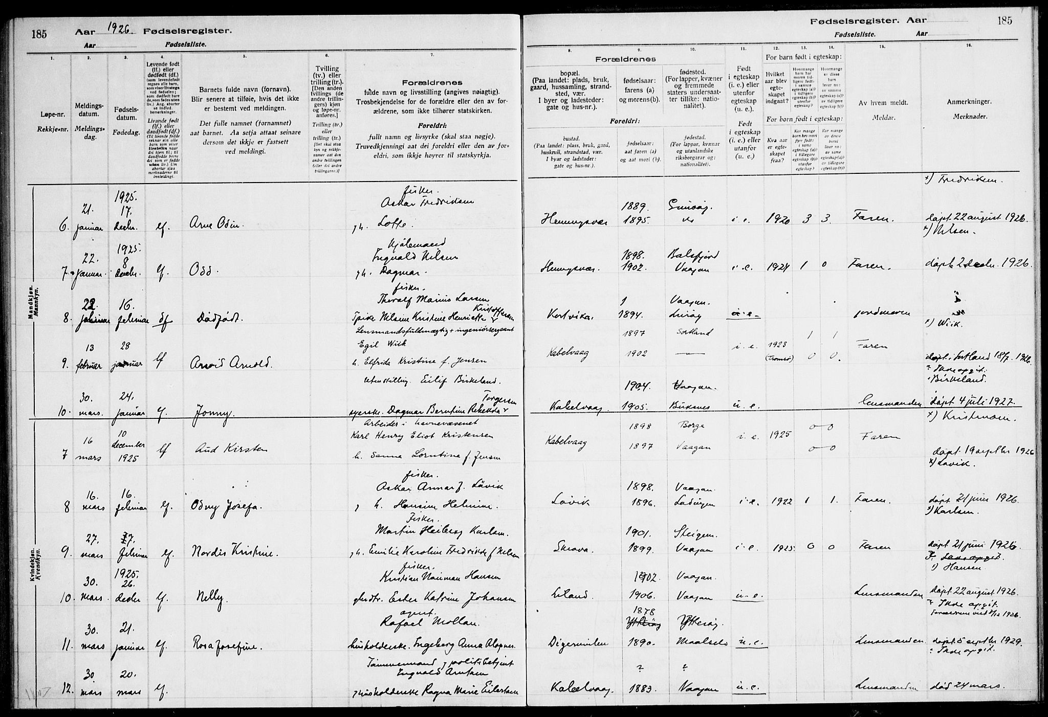 Ministerialprotokoller, klokkerbøker og fødselsregistre - Nordland, AV/SAT-A-1459/874/L1089: Fødselsregister nr. 874.II.4.1, 1916-1926, s. 185