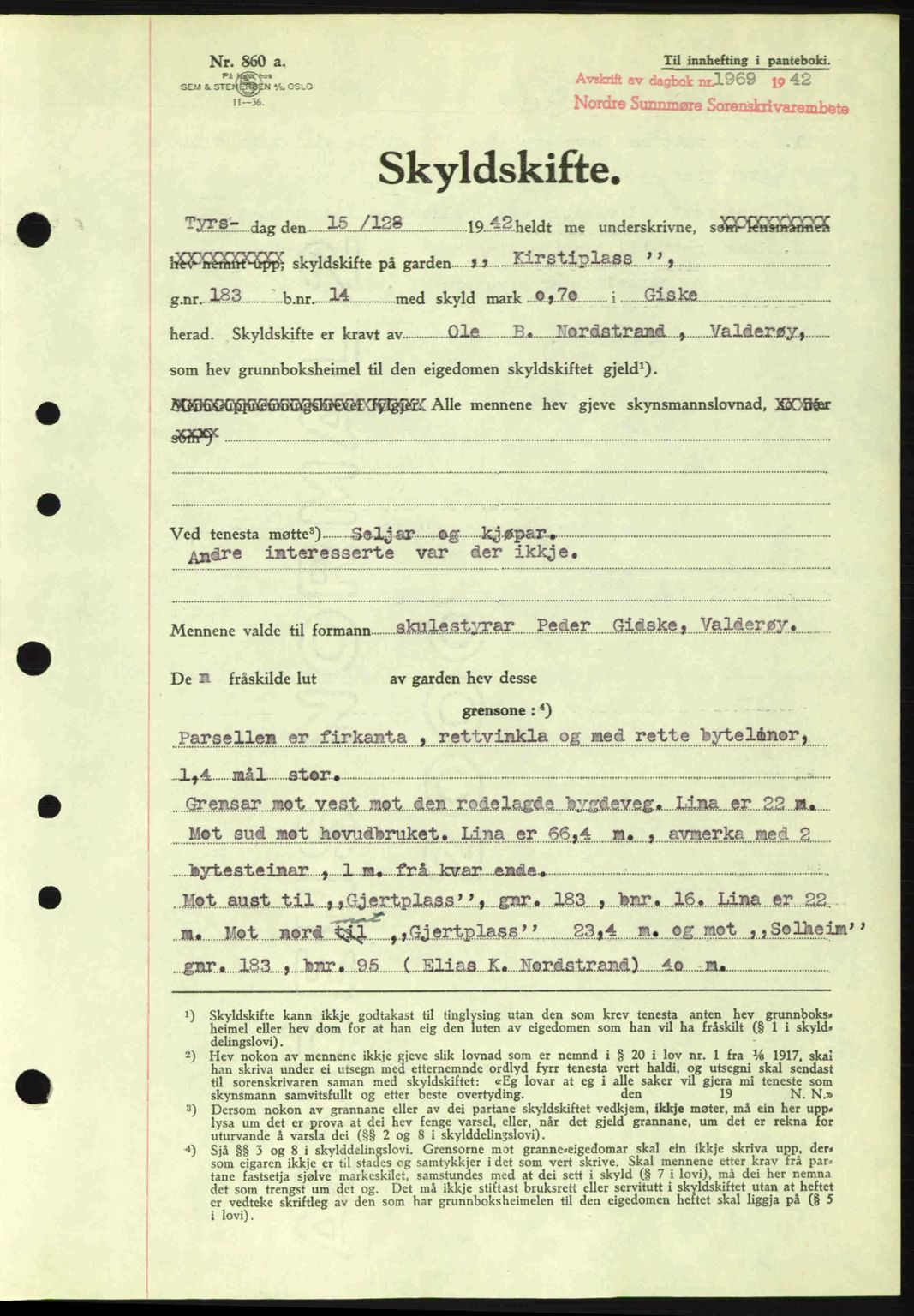 Nordre Sunnmøre sorenskriveri, AV/SAT-A-0006/1/2/2C/2Ca: Pantebok nr. A15, 1942-1943, Dagboknr: 1969/1942