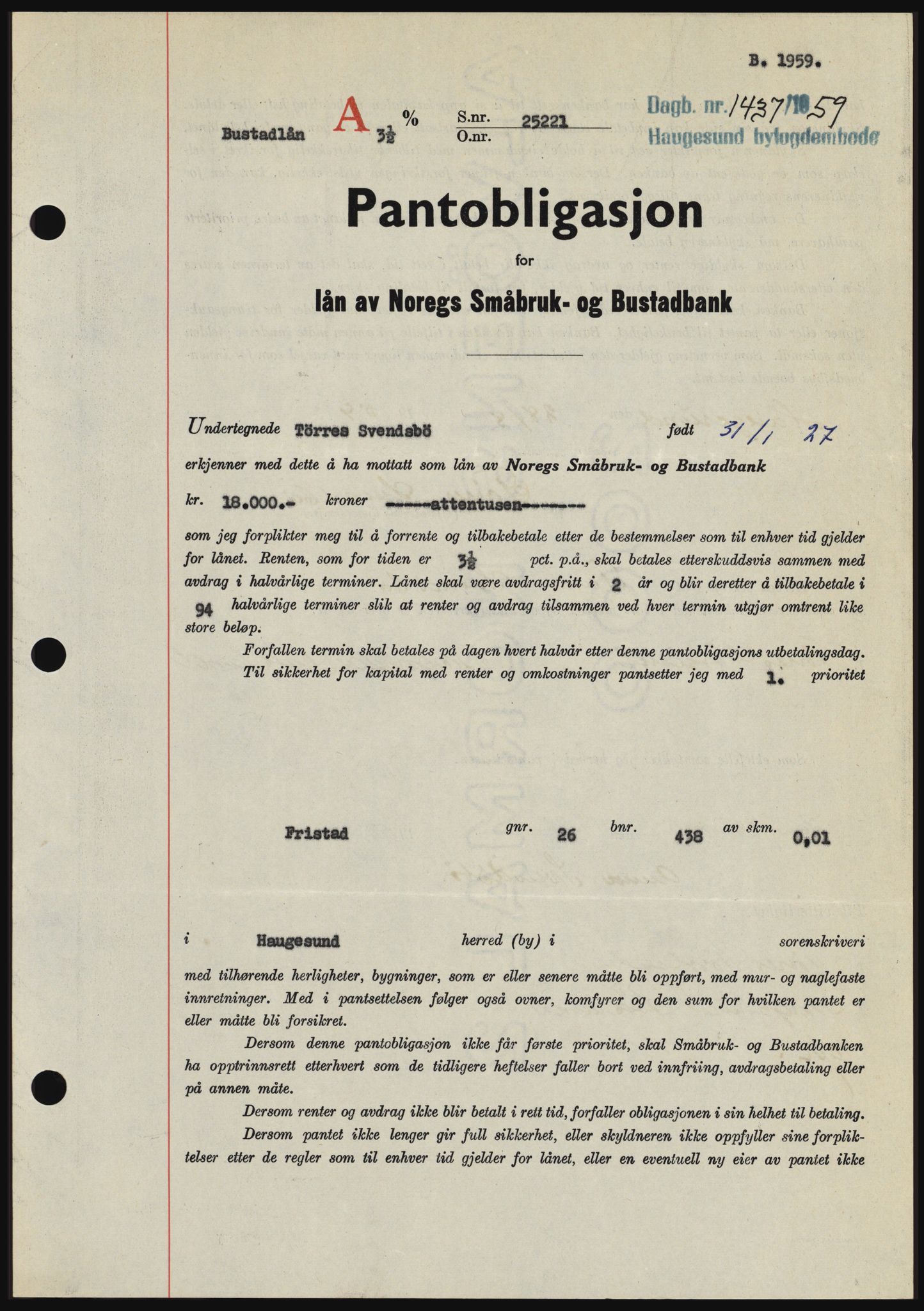 Haugesund tingrett, SAST/A-101415/01/II/IIC/L0045: Pantebok nr. B 45, 1959-1959, Dagboknr: 1437/1959