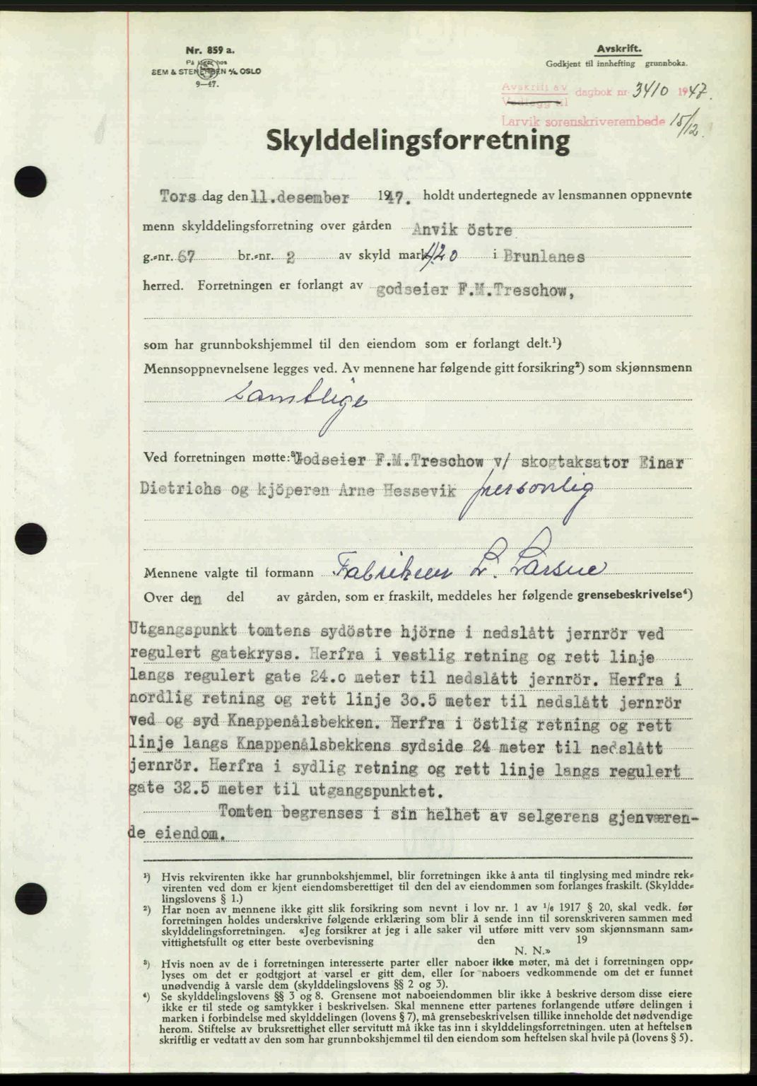 Larvik sorenskriveri, SAKO/A-83/G/Ga/Gab/L0085: Pantebok nr. A-19, 1947-1948, Dagboknr: 3410/1947