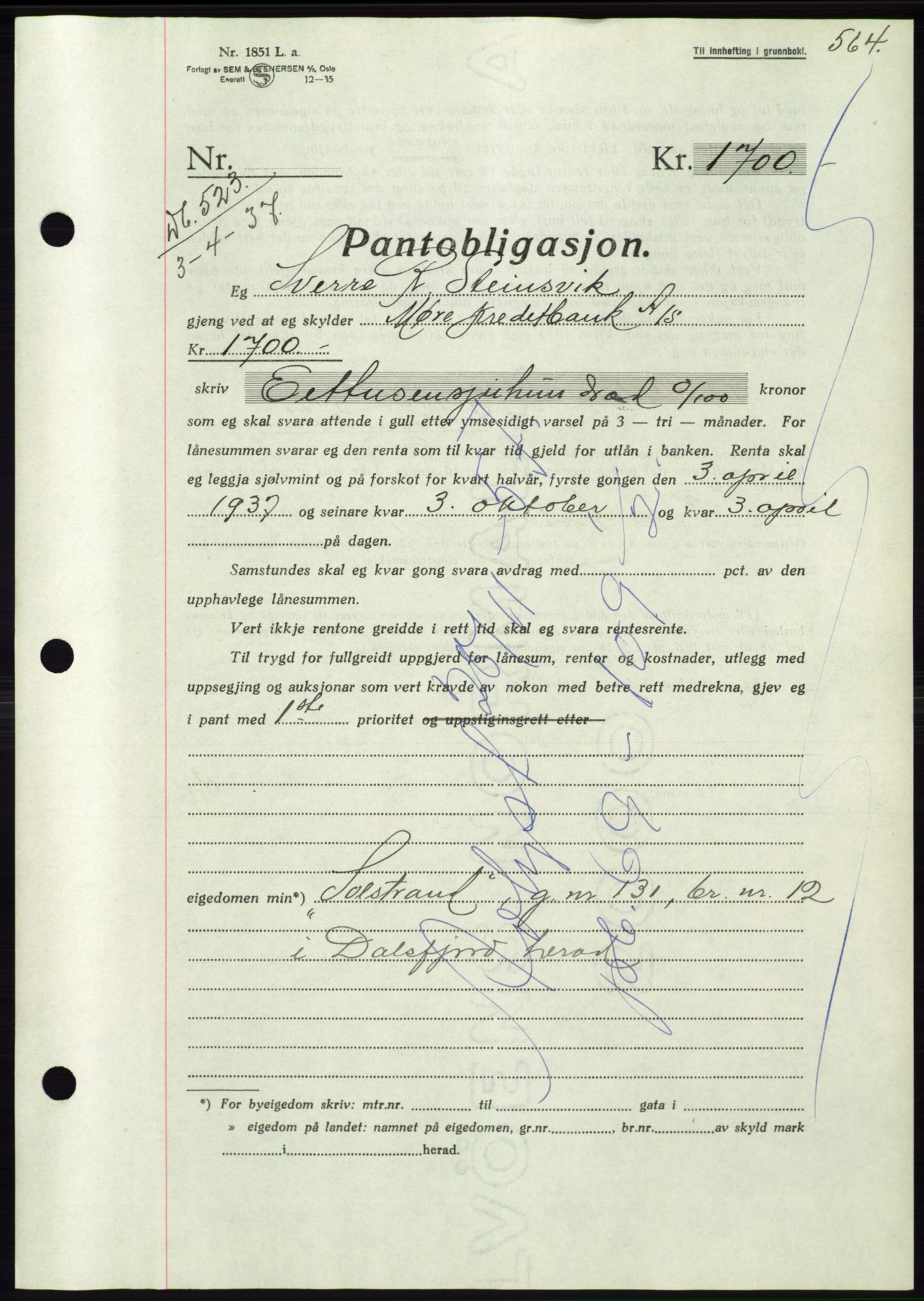 Søre Sunnmøre sorenskriveri, AV/SAT-A-4122/1/2/2C/L0062: Pantebok nr. 56, 1936-1937, Dagboknr: 523/1937