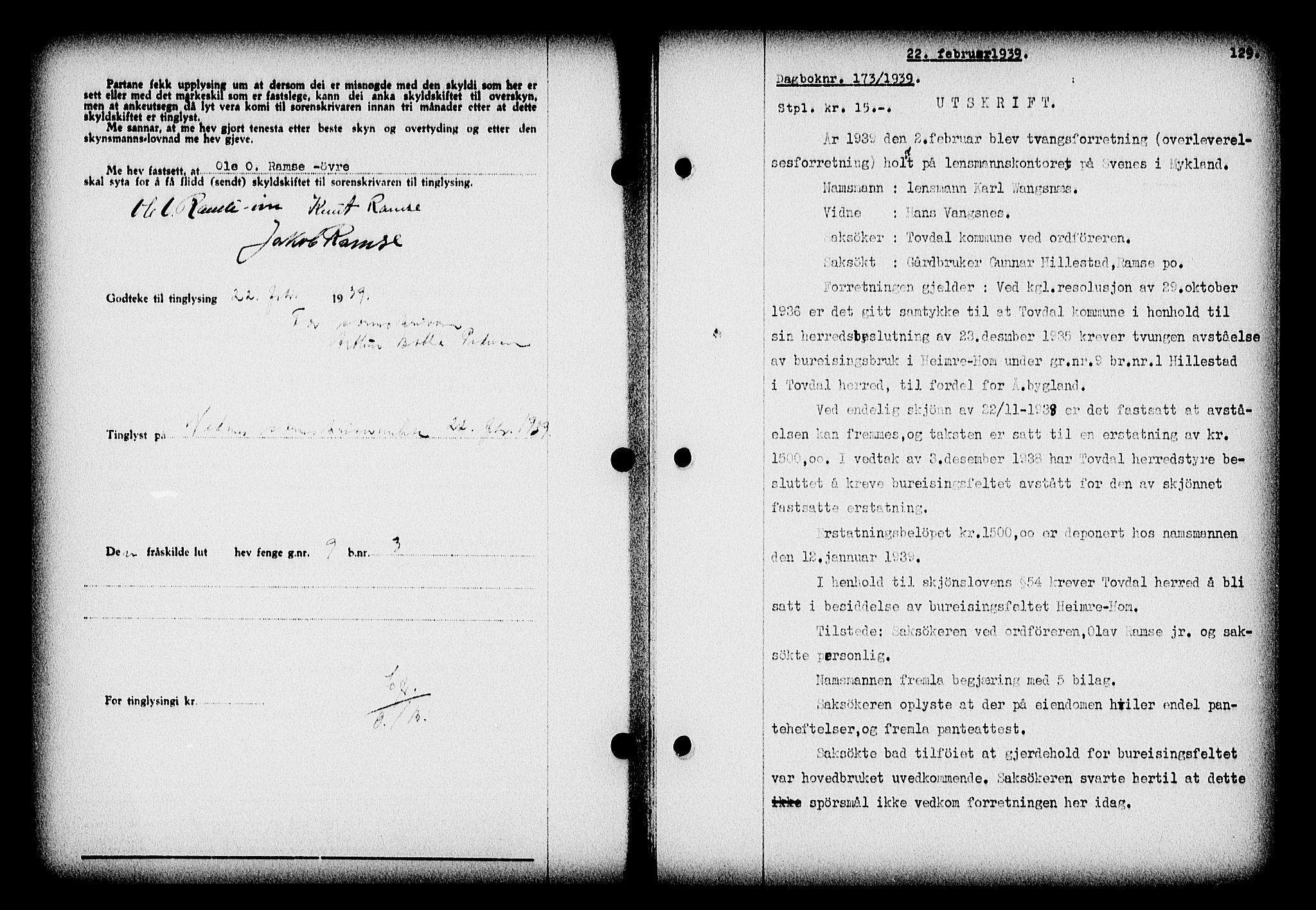 Nedenes sorenskriveri, AV/SAK-1221-0006/G/Gb/Gba/L0046: Pantebok nr. 42, 1938-1939, Dagboknr: 173/1939