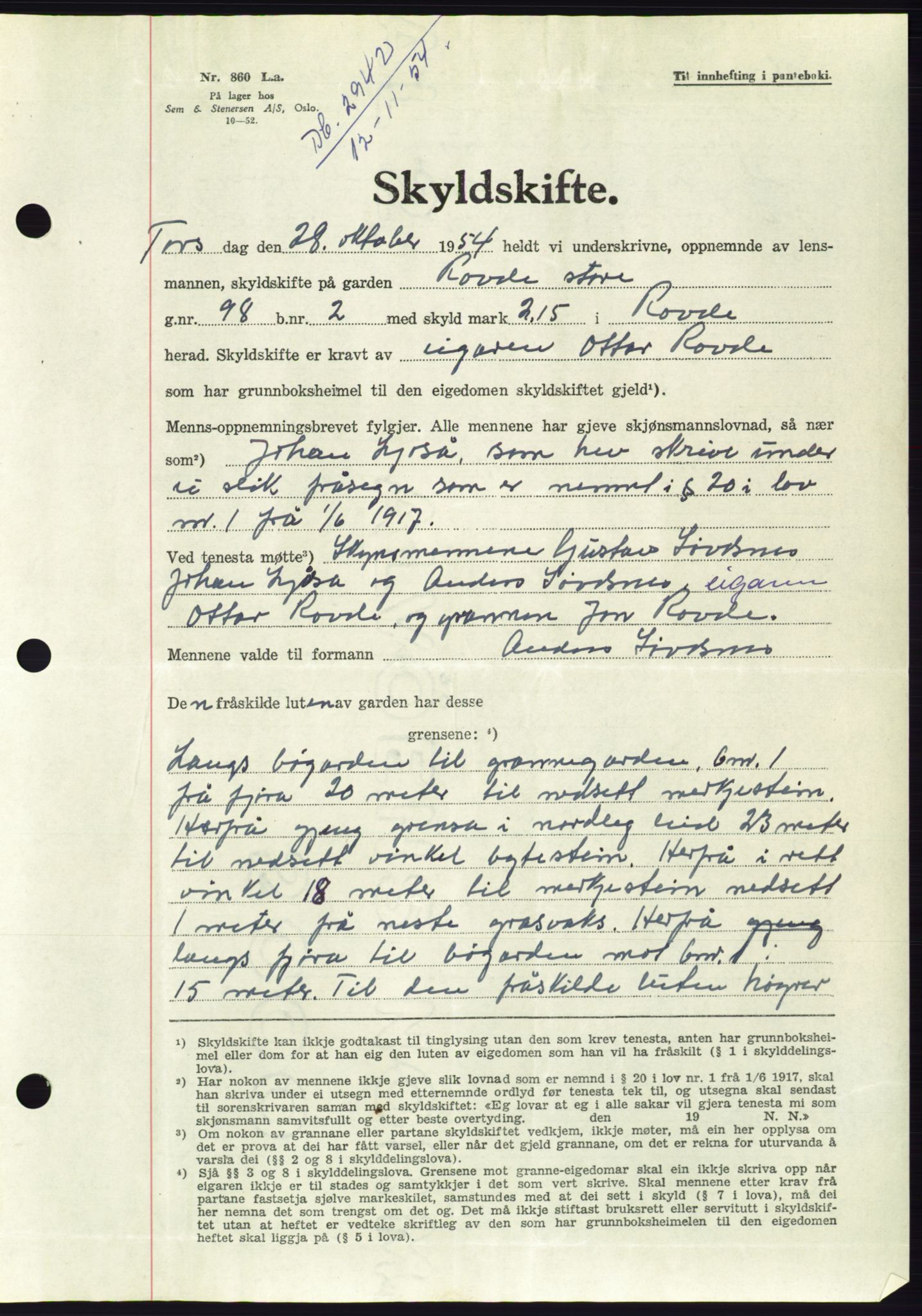 Søre Sunnmøre sorenskriveri, AV/SAT-A-4122/1/2/2C/L0099: Pantebok nr. 25A, 1954-1954, Dagboknr: 2942/1954