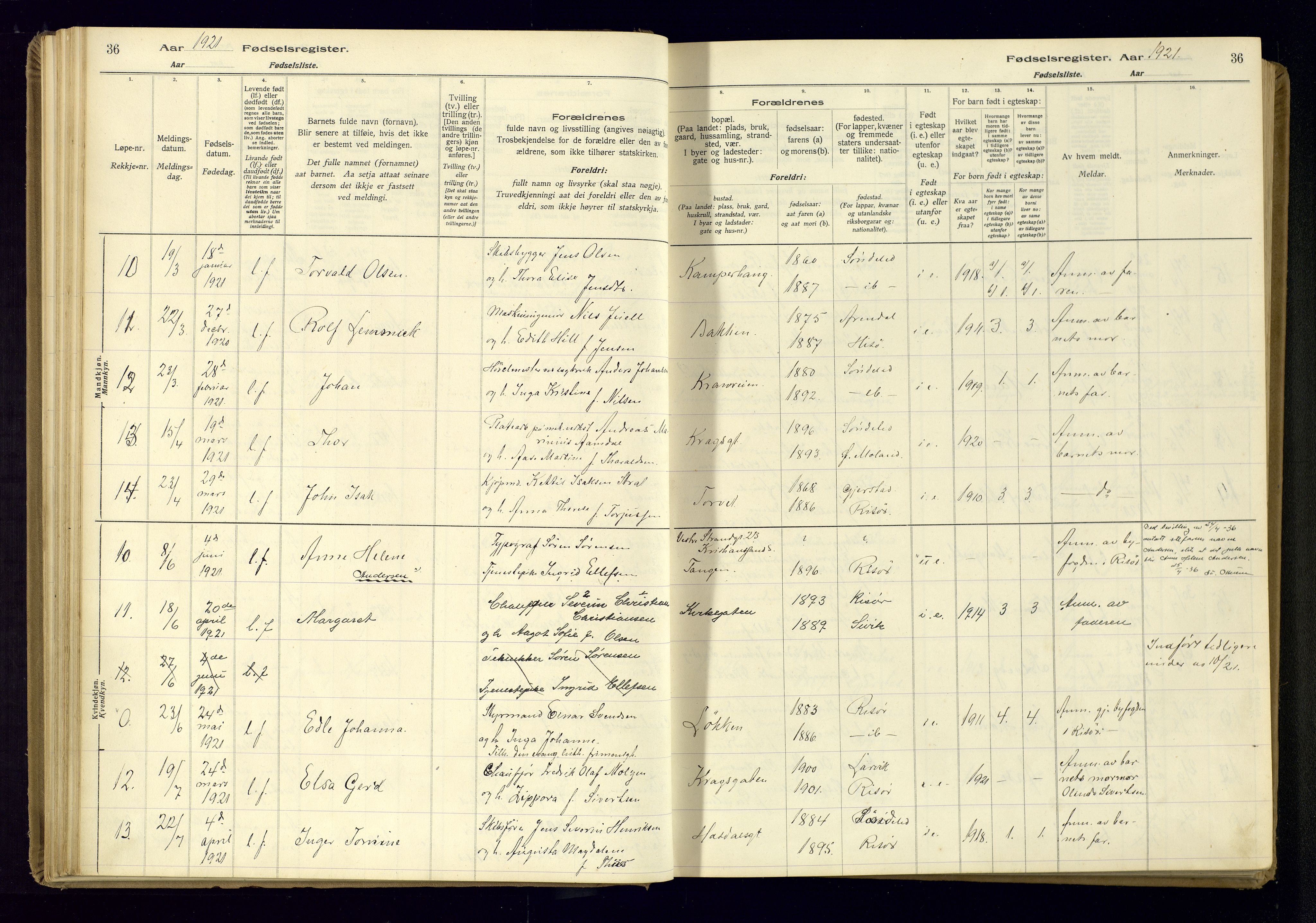 Risør sokneprestkontor, AV/SAK-1111-0035/J/Ja/L0001: Fødselsregister nr. A-VI-13, 1916-1947, s. 36