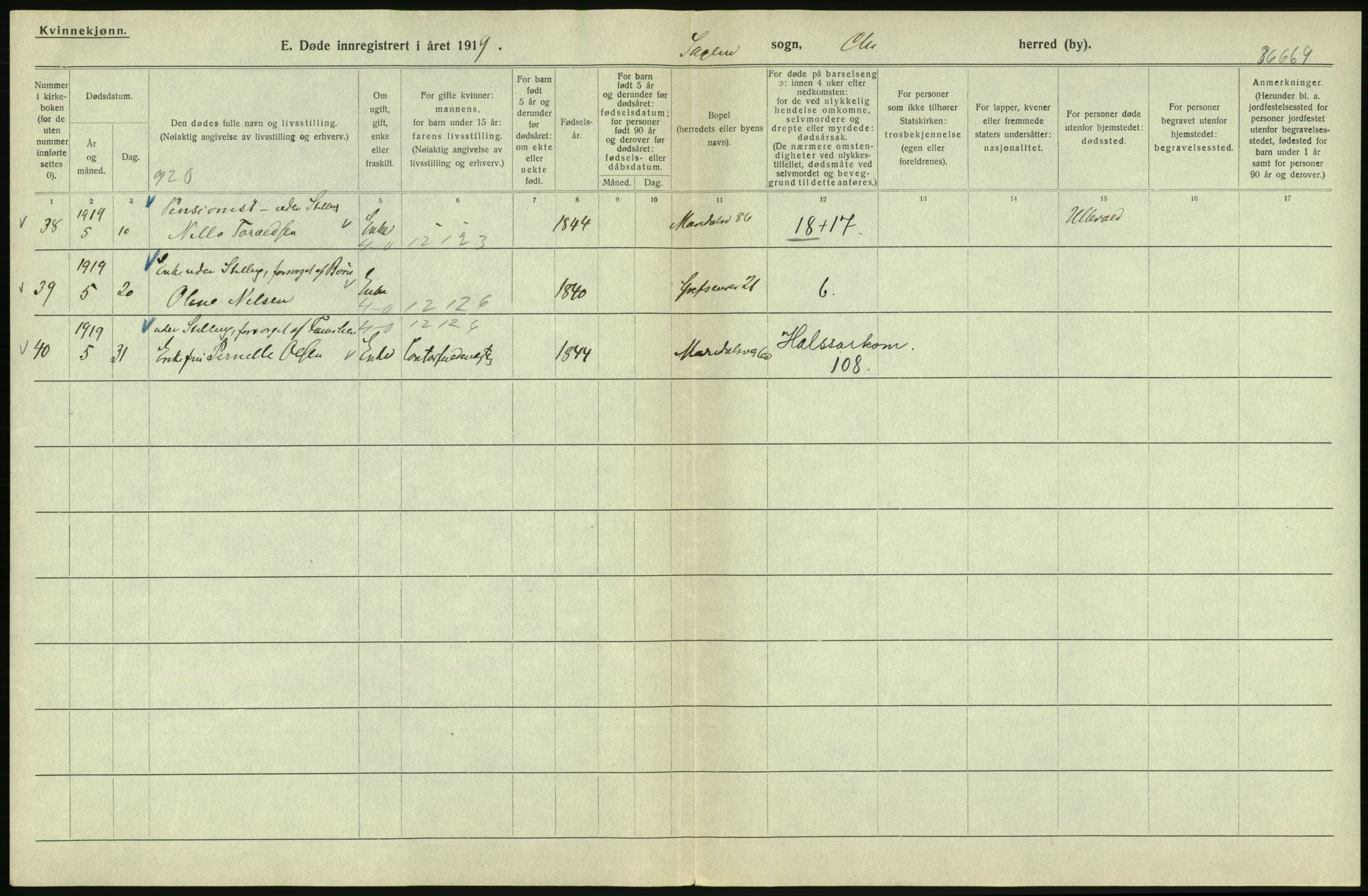 Statistisk sentralbyrå, Sosiodemografiske emner, Befolkning, RA/S-2228/D/Df/Dfb/Dfbi/L0010: Kristiania: Døde, 1919, s. 152