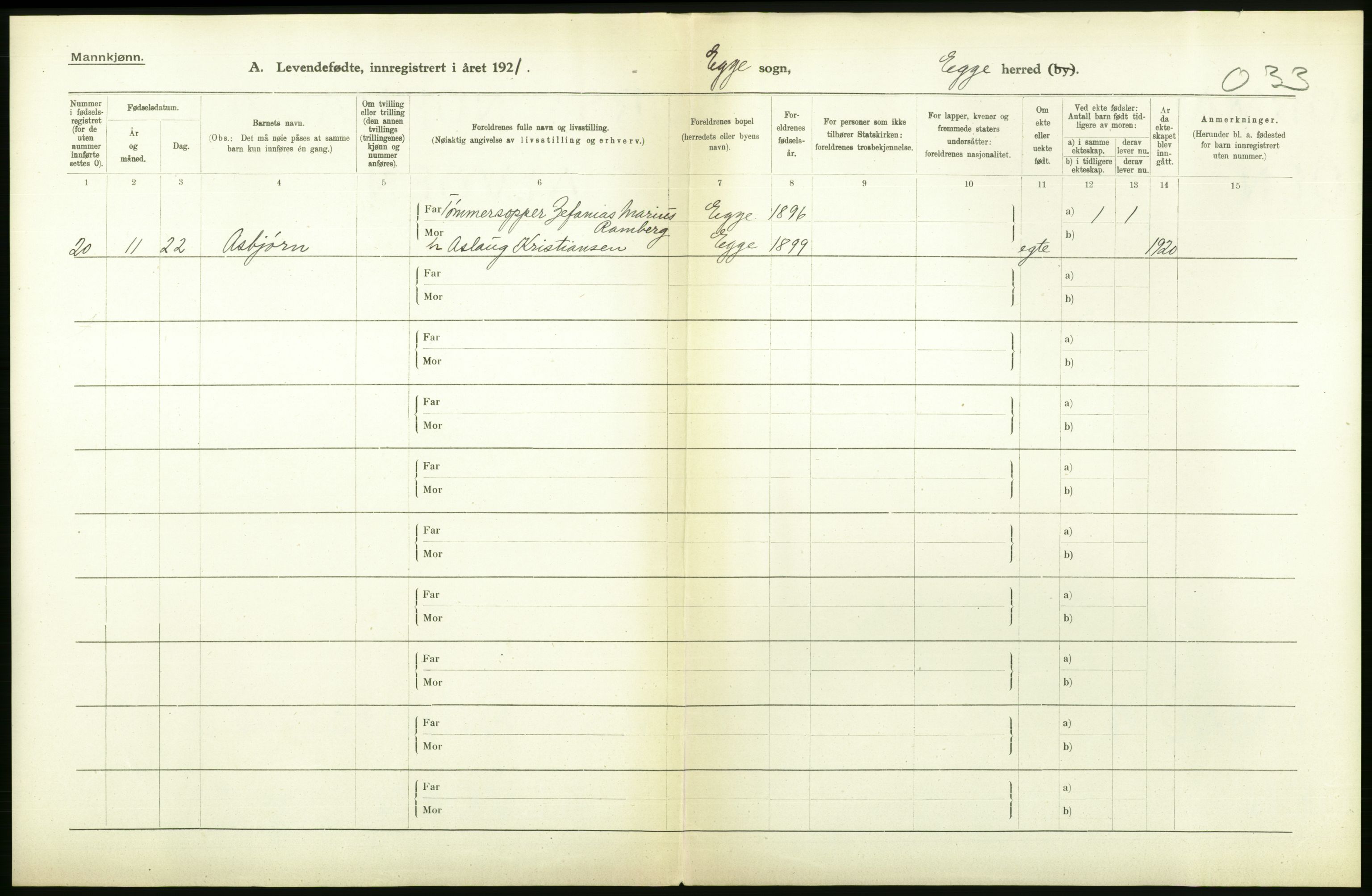 Statistisk sentralbyrå, Sosiodemografiske emner, Befolkning, RA/S-2228/D/Df/Dfc/Dfca/L0047: N. Trøndelag fylke: Levendefødte menn og kvinner. Bygder og byer., 1921, s. 192