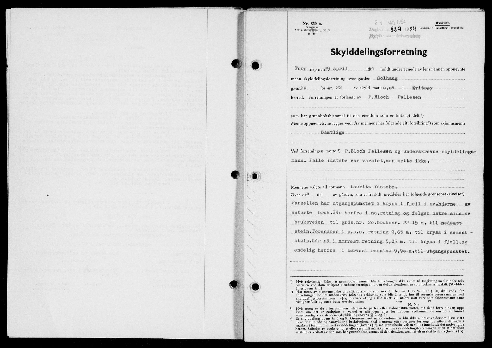 Ryfylke tingrett, SAST/A-100055/001/II/IIB/L0125: Pantebok nr. 104, 1954-1954, Dagboknr: 829/1954